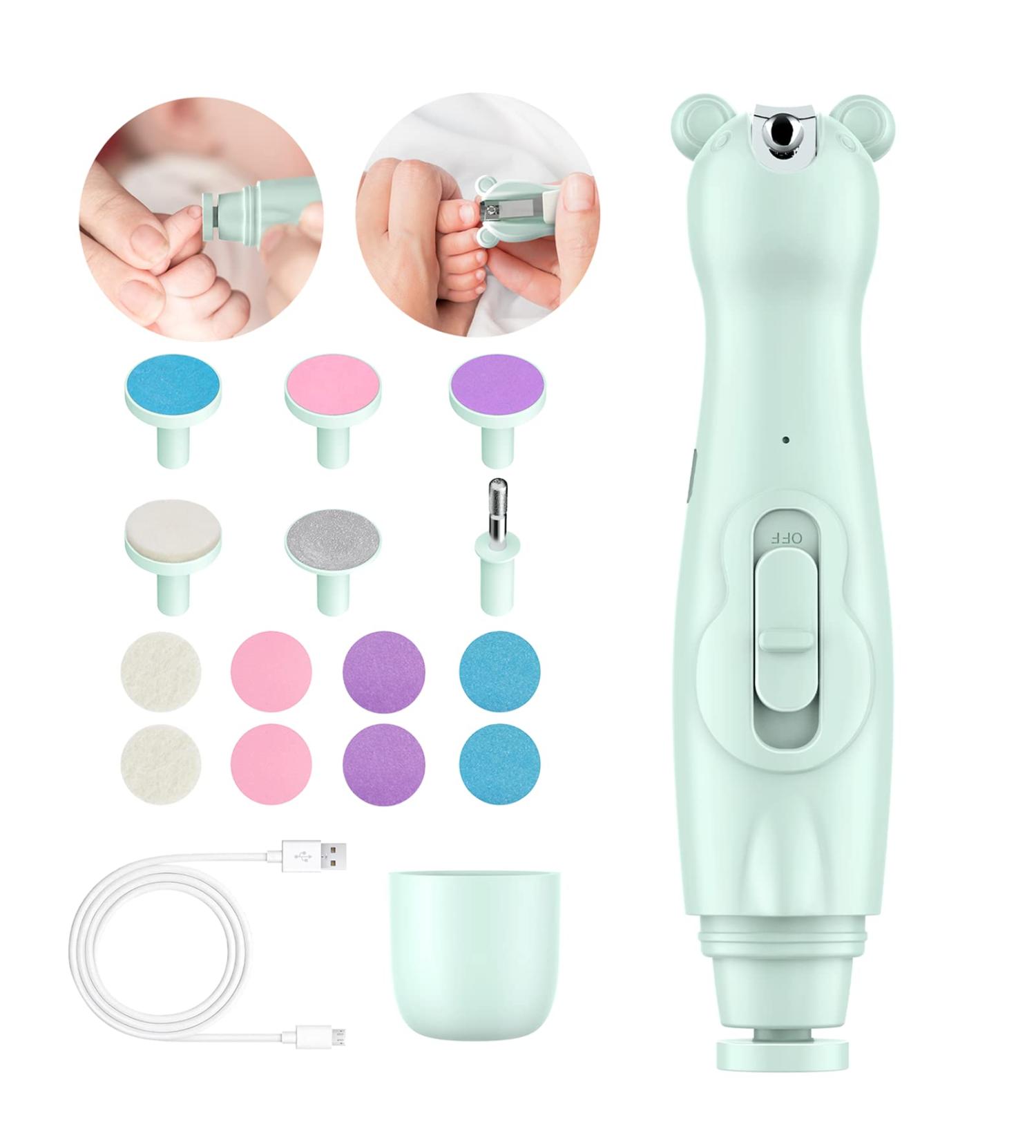 Lupantte Electric Baby Nail Trimmer with Light - 2-in-1 Clippers & 14 Replacement Heads, for Newborns & Adults - Light Green - Buy Online on SooperMarket.com
