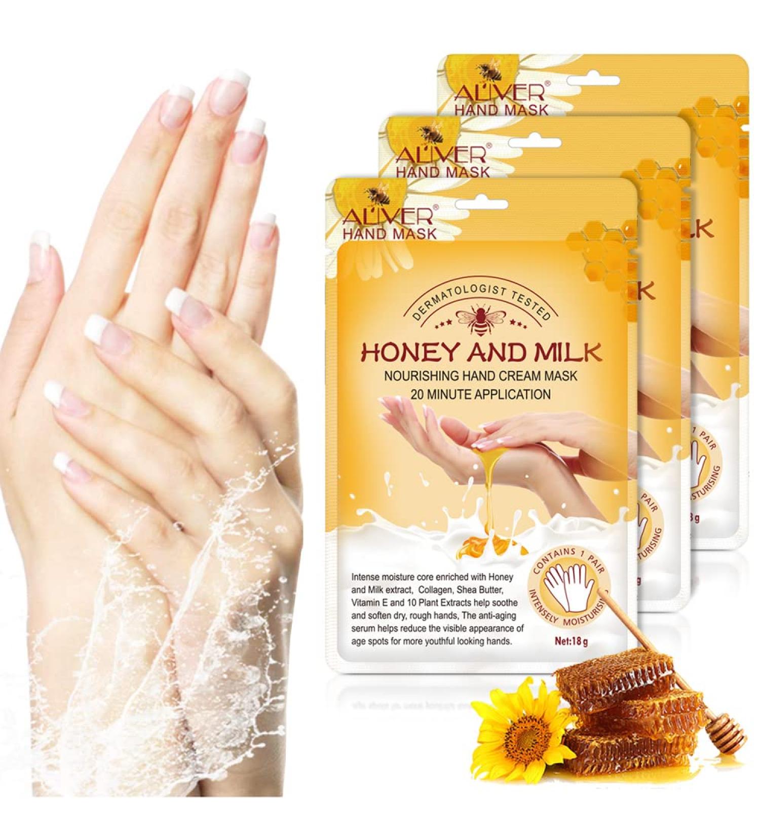 3 Pairs Moisturizing Peeling Hand Mask with Honey & Milk - Natural Plant Extracts Collagen Brightening & Anti-Aging Repair - Buy Online on SooperMarket.com
