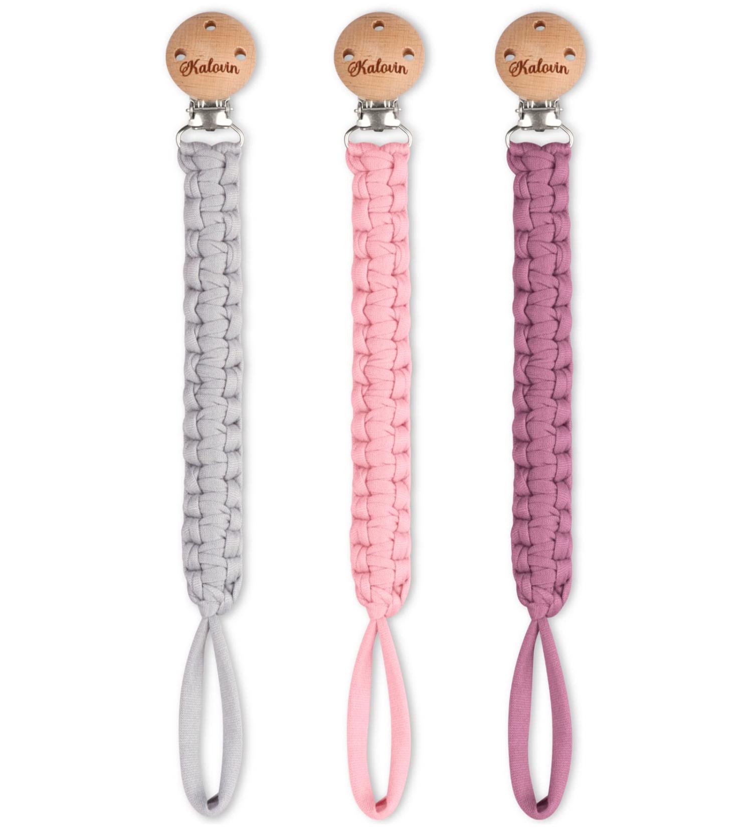 Handmade Braided Cotton Pacifier Clips for Boys & Girls - 11 Inch Holder with Wooden Clips | Fits All Pacifiers & Teething Toys | 3 Pack (PlumGrayPink) - Buy Online on SooperMarket.com