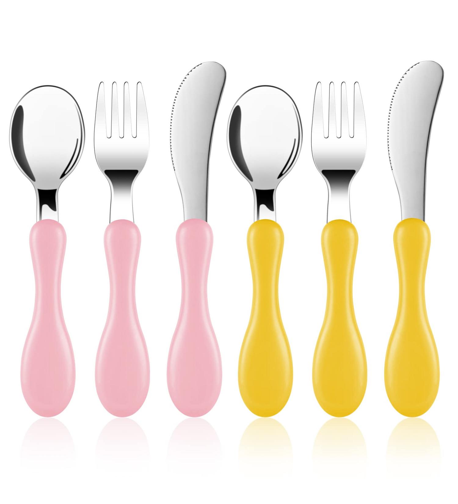 Vicloon 6 PCS Baby Fork and Spoon Set - Stainless Steel Toddler Utensils in Yellow/Pink | Baby Feeding Cutlery for Weaning and Kids - Buy Online on SooperMarket.com