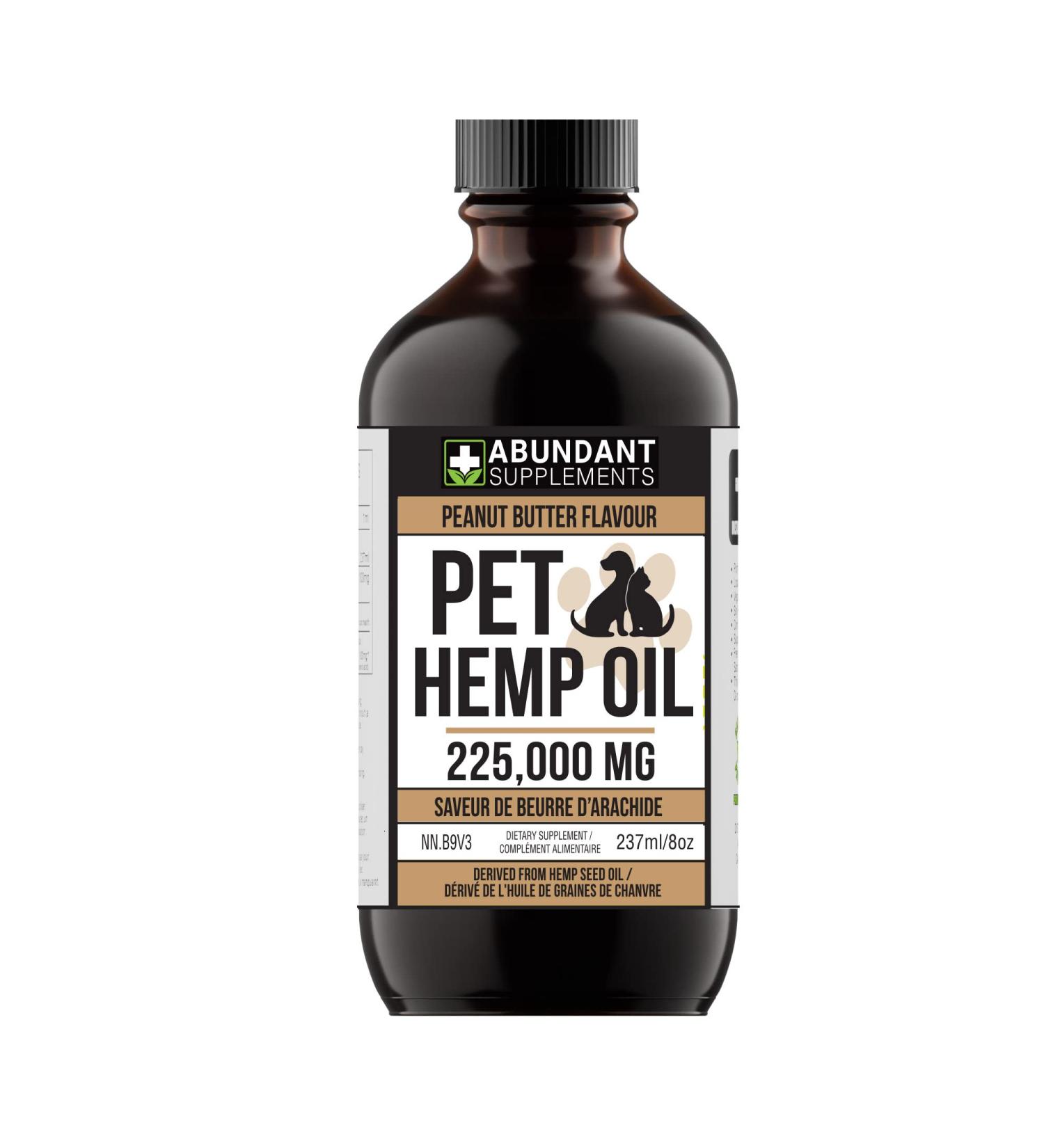 Pet Hemp Oil 225 000 Mg (8 oz) Extra Strength Formula - Peanut Butter Flavoured - Derived Hemp Seed Oil - Hip Joint Support and Skin Coat Health Non-GMO Omega 3 6 9 Balance Oil Made in Canada - Buy Online on SooperMarket.com