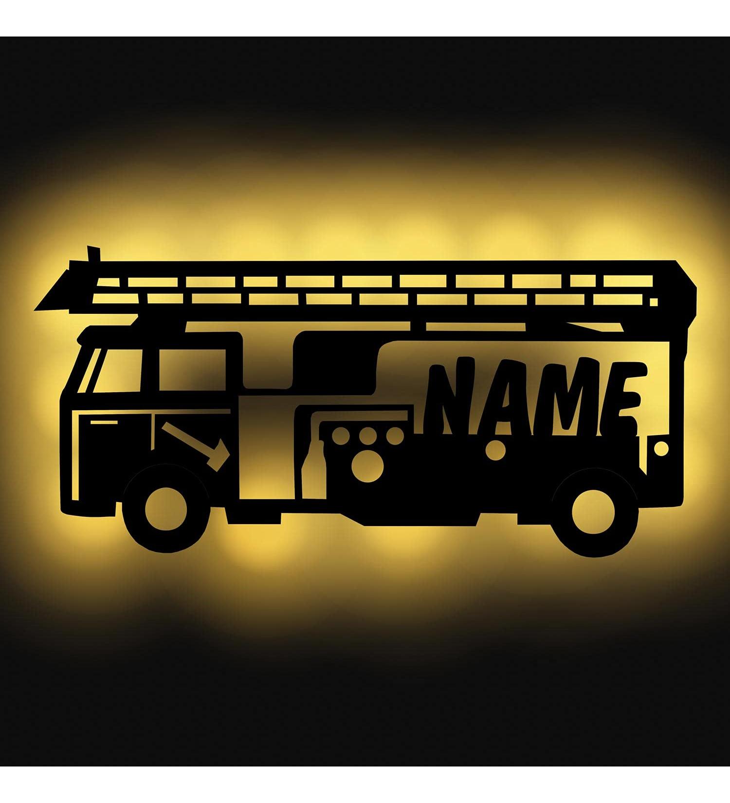 Personalized Fire Engine Night Light Wall Lamp - Custom Wooden Gift for Firefighters | Ideal for Boys & Girls - Buy Online on SooperMarket.com