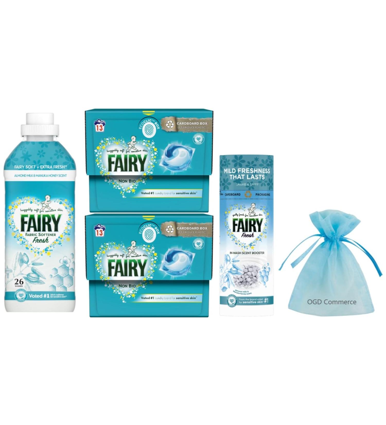 Fairy Laundry Washing Pack for Sensitive Skin: Fresh Fabric Conditioner 26w 858ml + In-wash Scent Booster Beads Almond Milk & Manuka Honey 176gr + Non Bio Pods Capsules 2Pk x 13Pods - Buy Online on SooperMarket.com