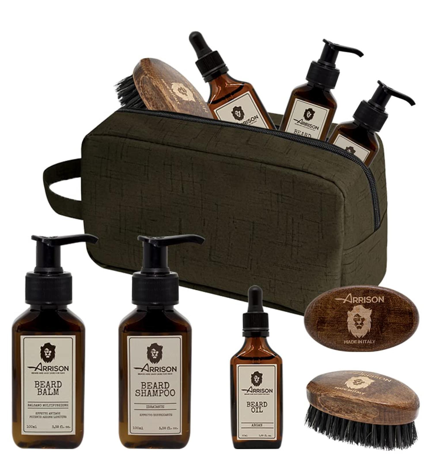 Arrison Beard Kit Made in Italy | 4-Part Beard Set with Birchwood Box Shampoo Conditioner Wax Beard Oil Comb & Brush - Buy Online on SooperMarket.com