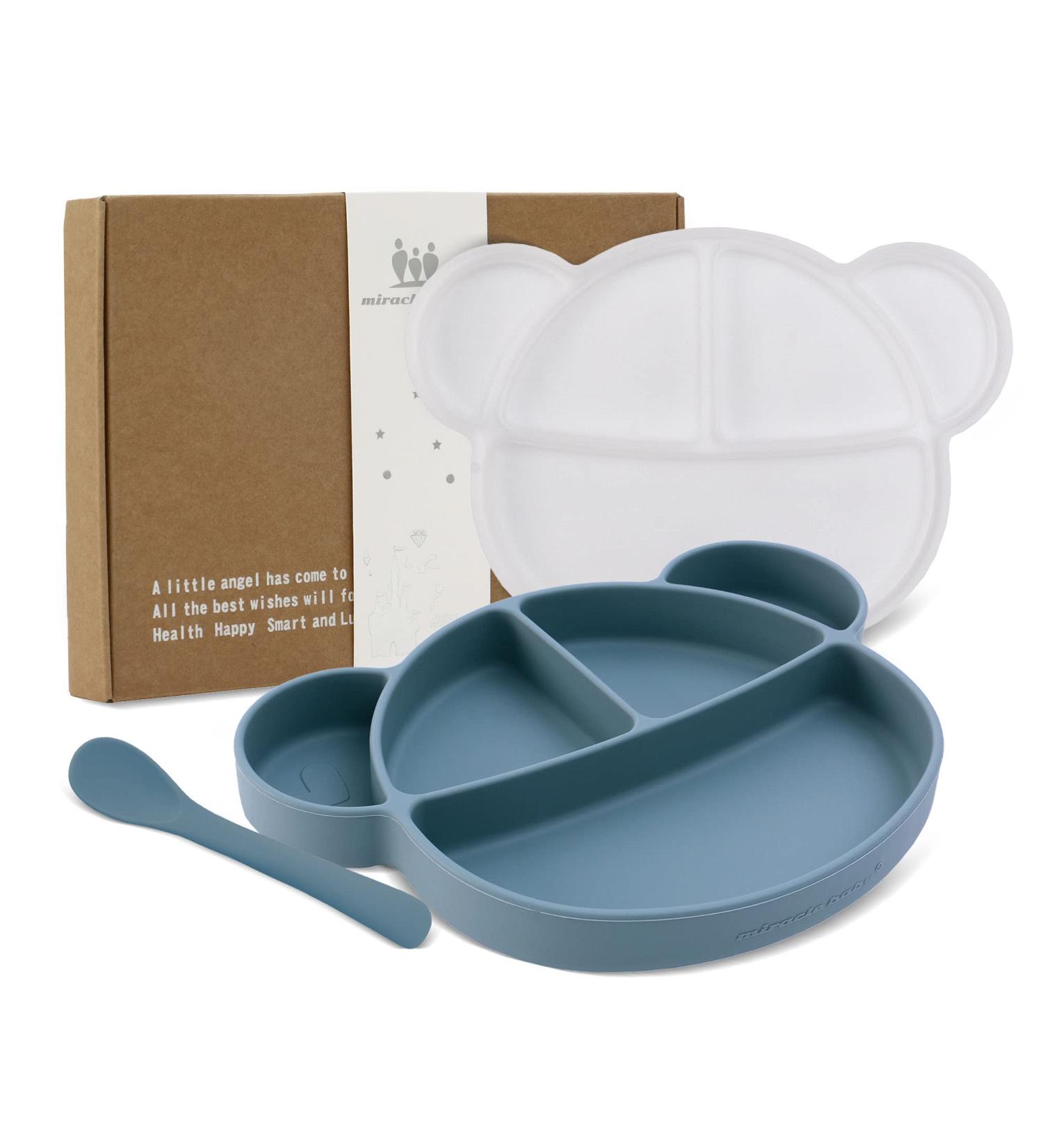 Silicone Baby Suction Plate with Lid and Spoon - Kid Divided Weaning Plate in Blue | BPA Free & Dishwasher Safe - Children's Dinnerware Set - Buy Online on SooperMarket.com