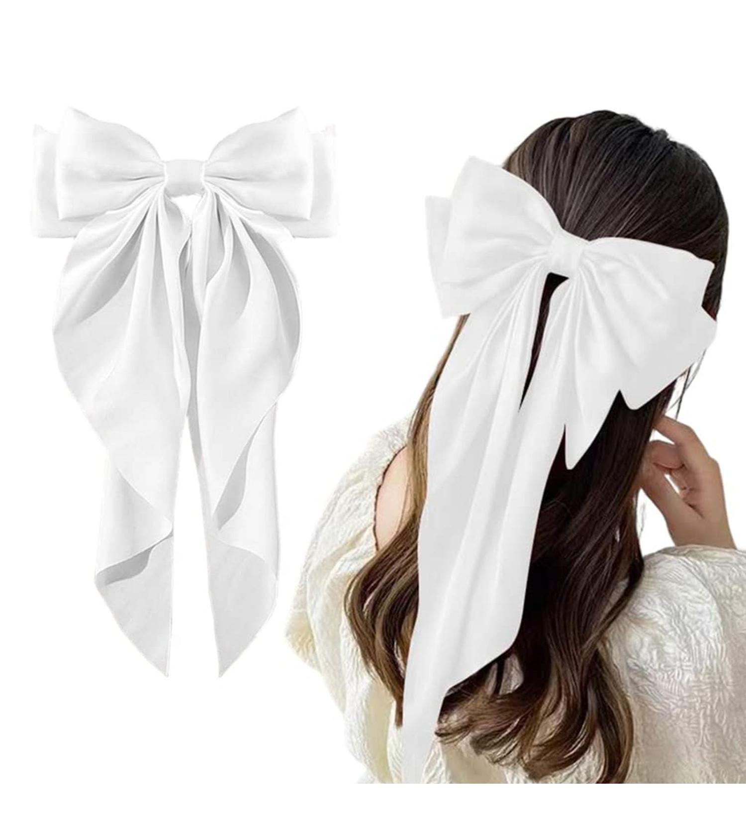 White Hair Bow Hair Bow French Soft Ribbonsatin Satin Hair Bow Simple Large Hair Bow with Long Silky Satin Tail Large Bows 90's Accessories for Party Women Girls - Buy Online on SooperMarket.com