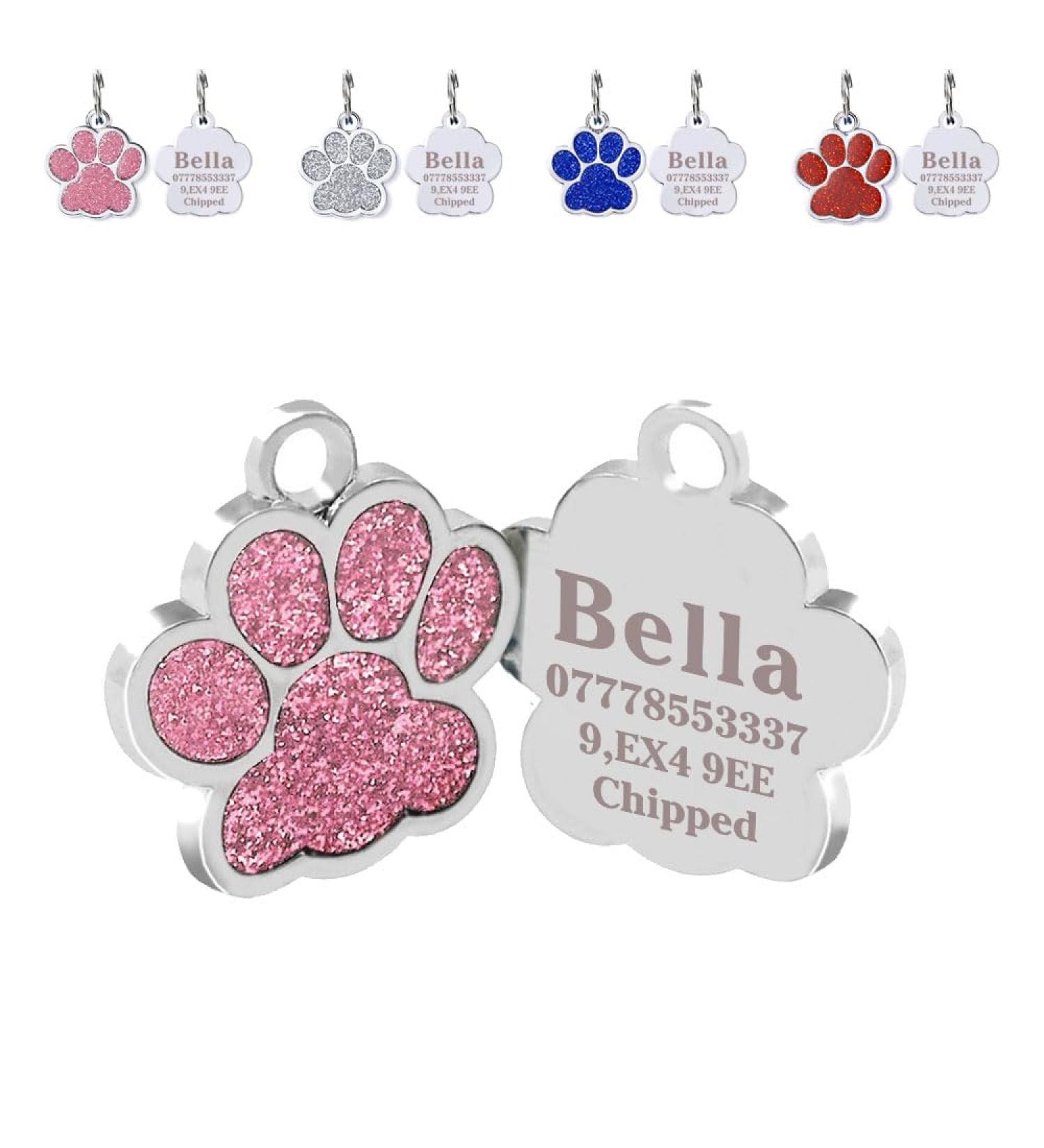Personalised Cat Tags | Dog Tags for Pets Engraved UK | Pet ID Tags for Dogs & Cats | Glitter Paw Print Stainless Steel Cat Name Tag | Doggy Cat Kitten Kitty Puppy Tag | 4 Colours 25mm (Pink) - Buy Online on SooperMarket.com