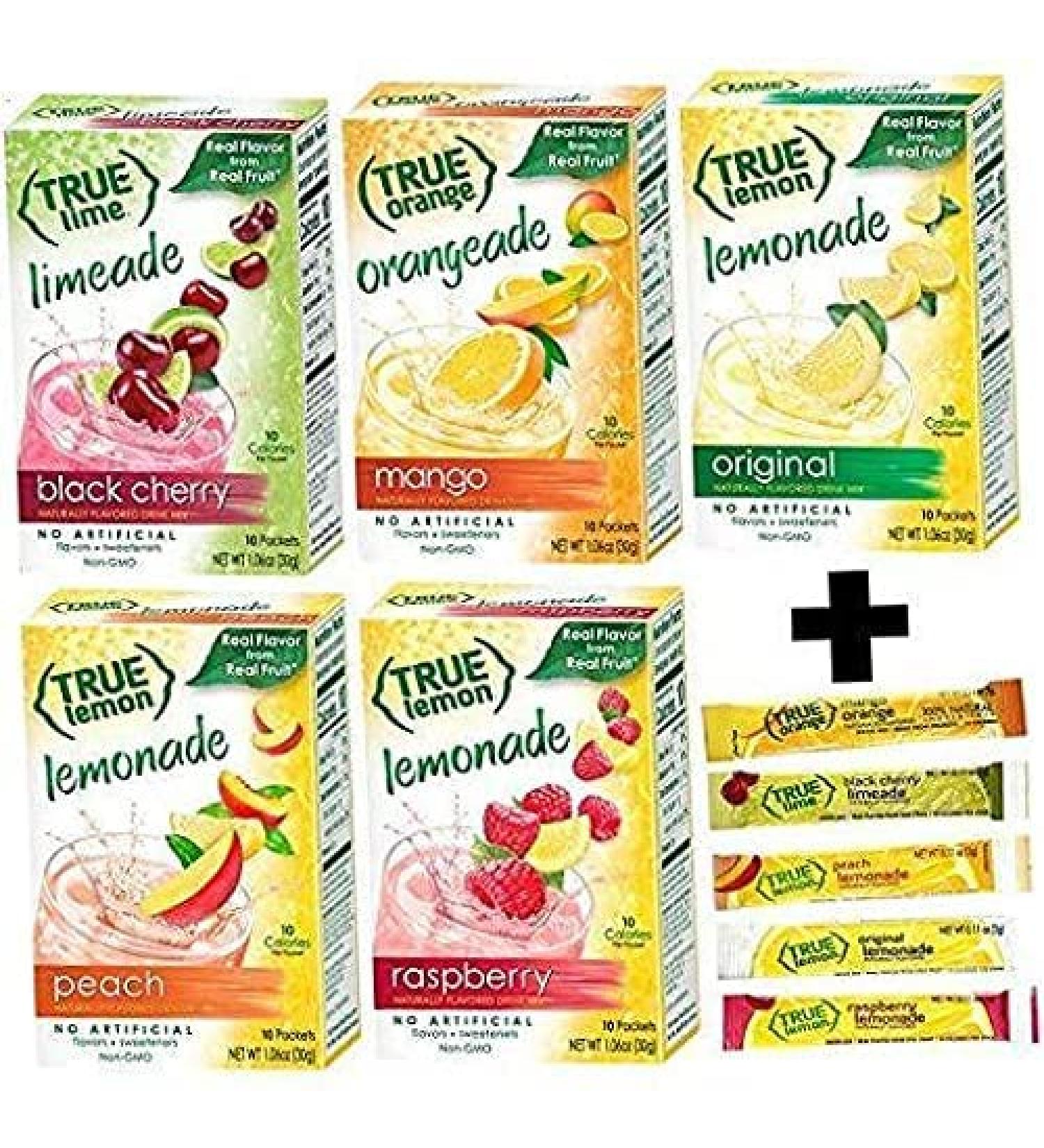 True Lemon Assorted Beverage Pack - 5 Boxes, 10ct Each with 5 Free Bonus Lemonade Sticks - Original, Peach, Black Cherry Limeade, Mango Orange, Raspberry Lemonade - 55 Count - Buy Online on SooperMarket.com