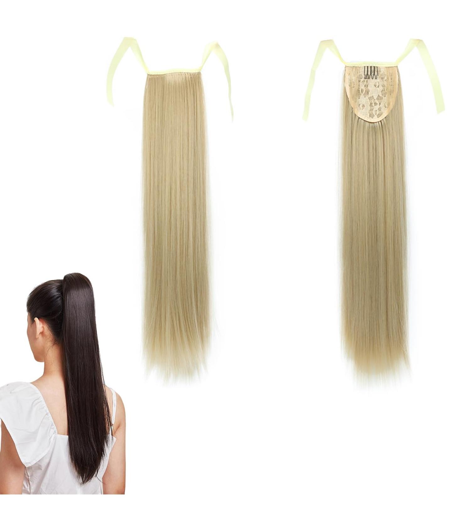 Blonde Long Straight Ponytail Extensions | Clip-in Synthetic Hairpiece for Women | 22 inch | GBMW038 - Buy Online on SooperMarket.com