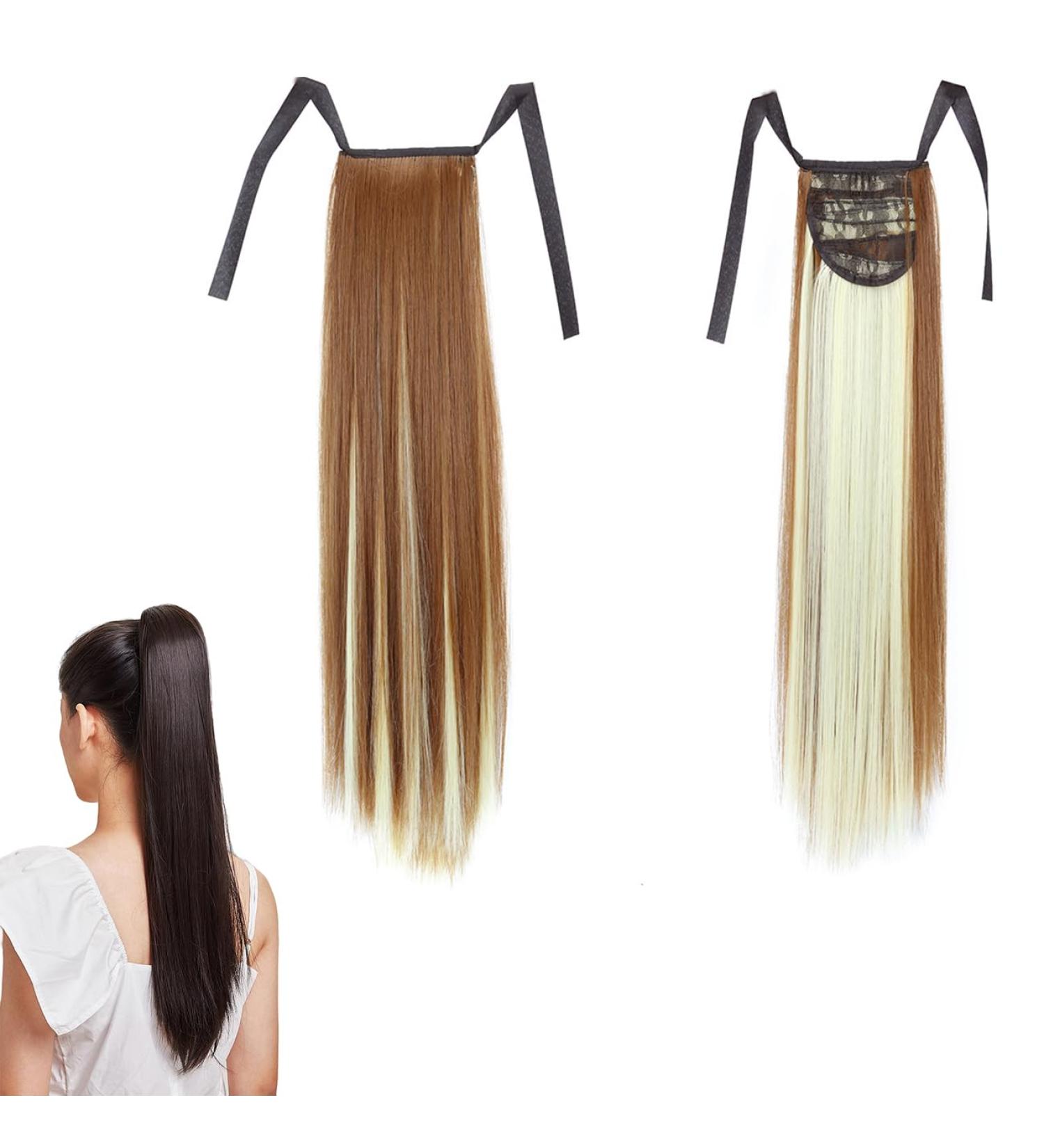 Prinfantasy Human Hair Ponytail Extension 22 inch - Light Brown Mix Blonde Wrap Around Clip in Hairpiece - Buy Online on SooperMarket.com
