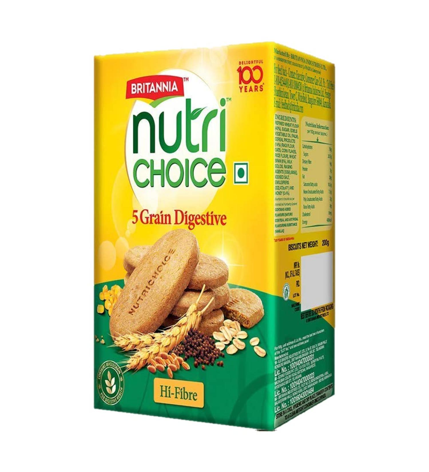BRITANNIA Nutri Choice 5 Grain Digestive Biscuits 8.81oz - Healthy Breakfast & Tea Time Snacks - Halal, Vegetarian - 250g - Buy Online on SooperMarket.com