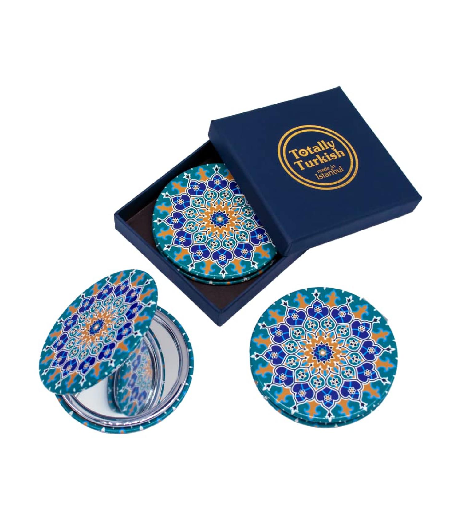 Totally Turkish Metal Compact Mirror Small Folding Round Mirror With Magnetic Close 1x & 2x Magnification For Handbags Make-Up Travel & Commutes Bright & Funky Geometric Pattern (Dantela) - Buy Online on SooperMarket.com