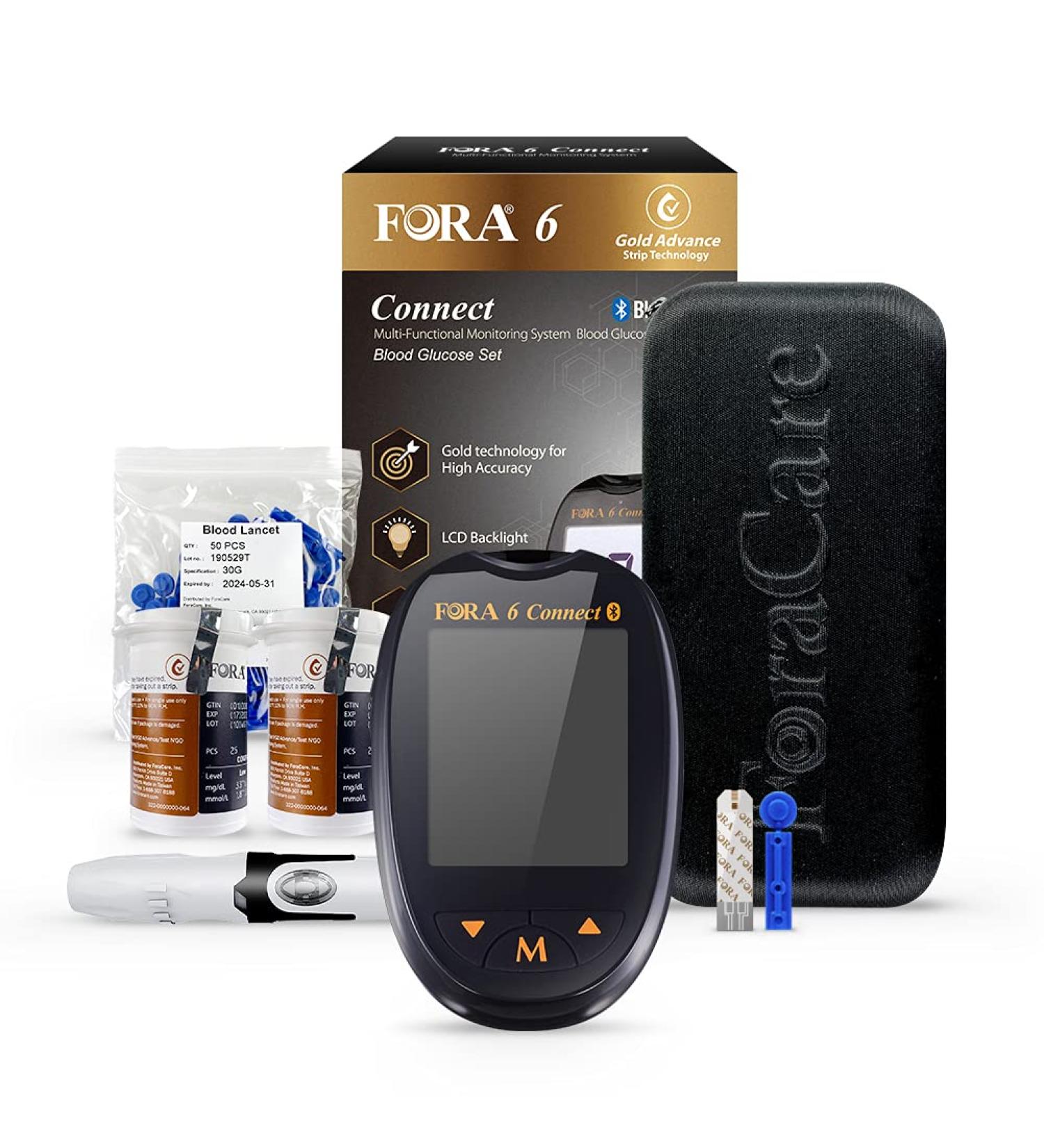 FORA 6 Connect Blood Glucose Set: Meter, 50 Test Strips, 50 Lancets, Lancing Device, Carry Case - Accurate Diabetes Blood Sugar Measurement - Buy Online on SooperMarket.com