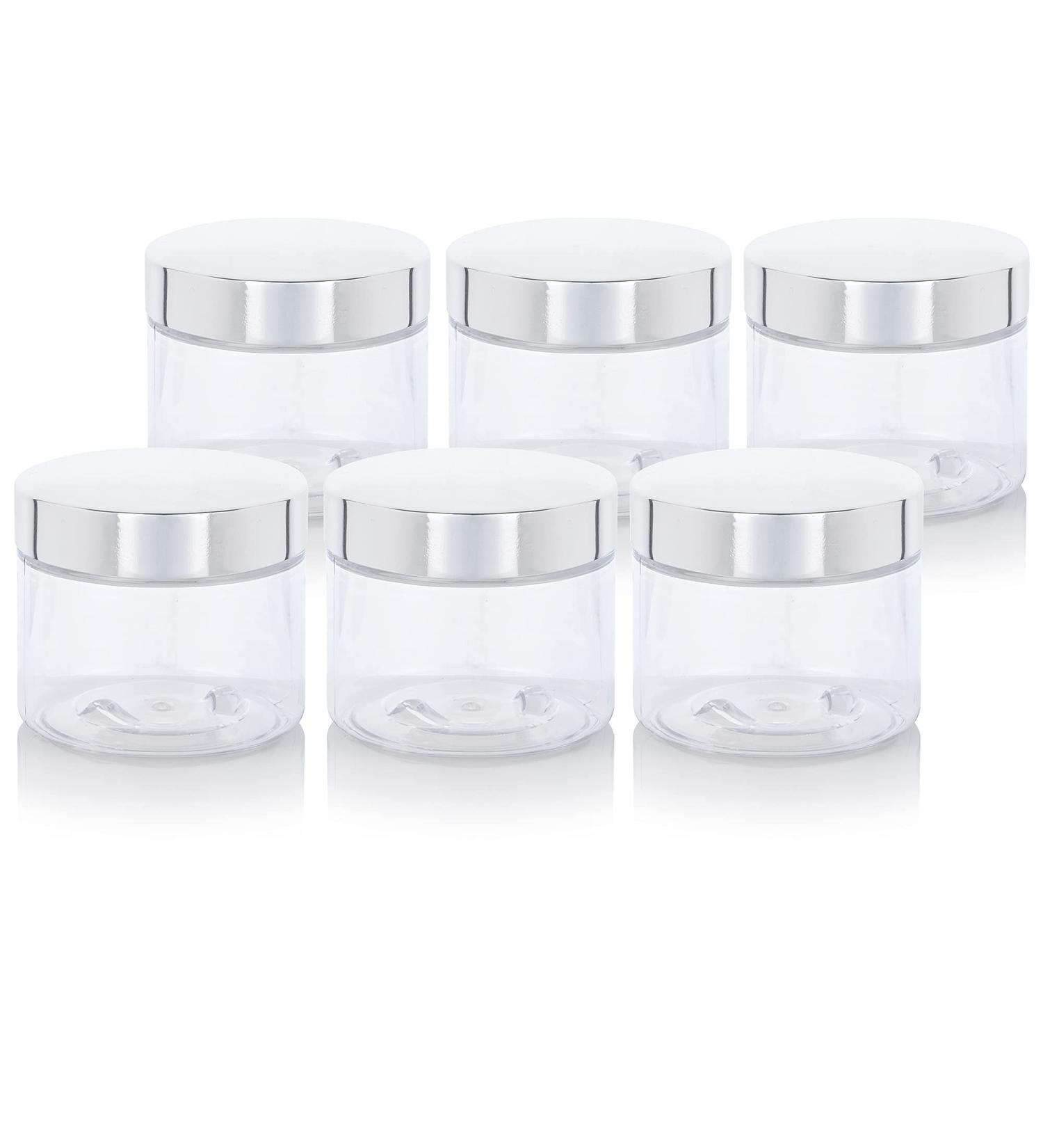 6 Pack Clear PET Plastic Low Profile Jar 6 oz with Silver Metal Lid - Ideal for Cosmetics Crafts & Storage - Buy Online on SooperMarket.com