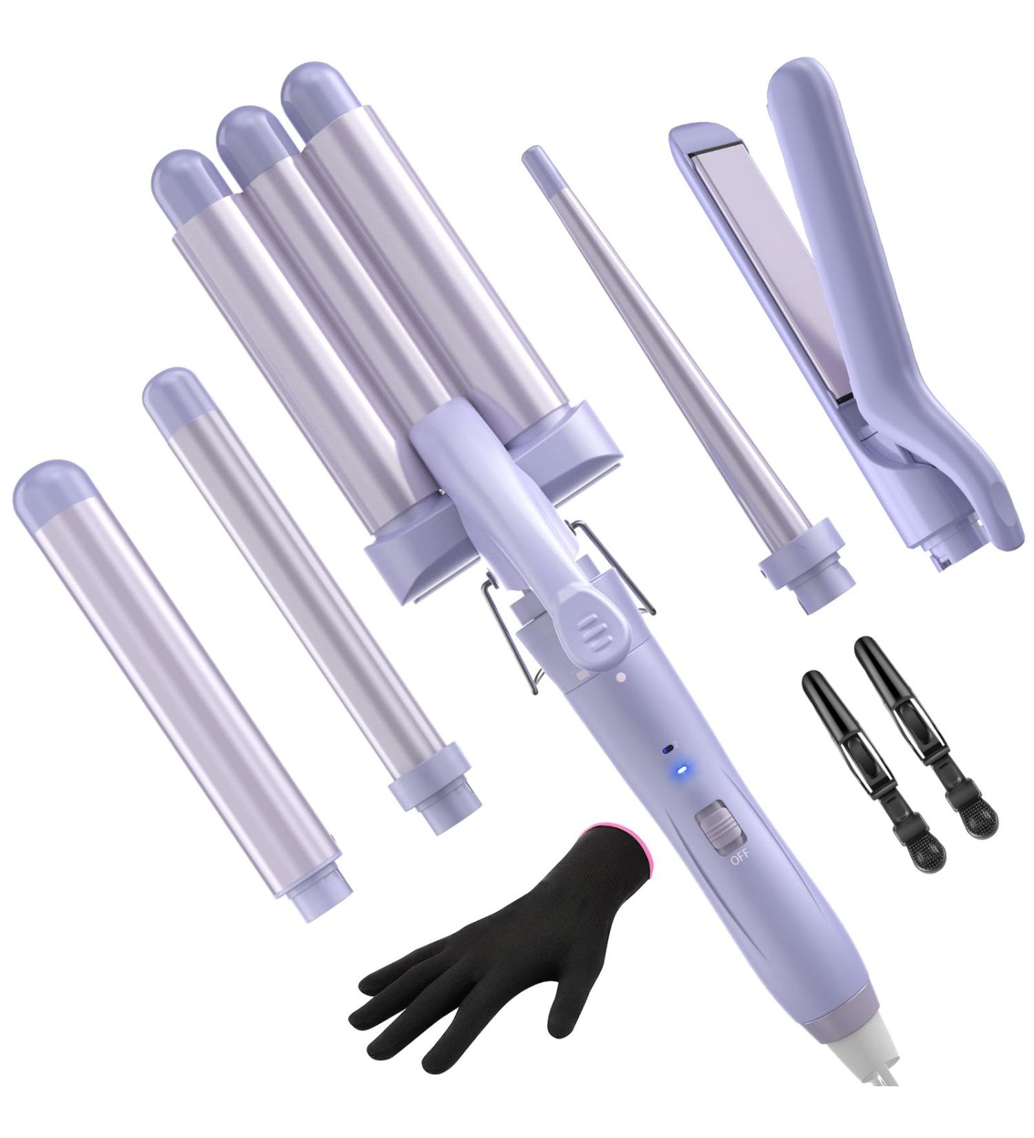 5 in 1 Wand Curling Iron Set - Versatile Curling Wand & Hair Straightener with 3 Ceramic Barrels Fast Heat & Accessories - Purple - Buy Online on SooperMarket.com
