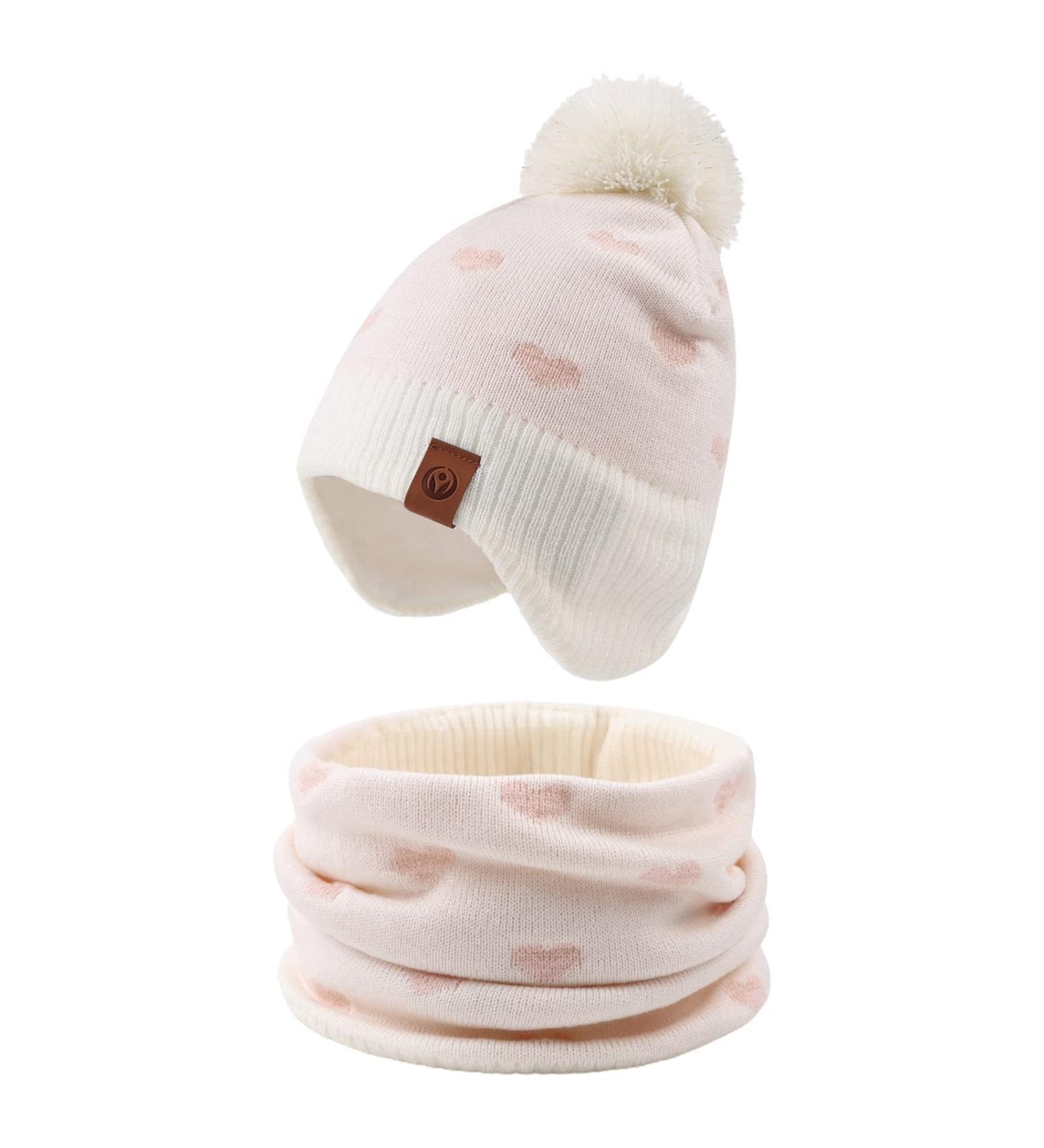 XIAOHAWANG Knitted Baby Hat with Pompom | Winter Warm Beanie for Toddler Kids | Fleece Lining | 2-4 Years | White Hat+Scarf - Buy Online on SooperMarket.com