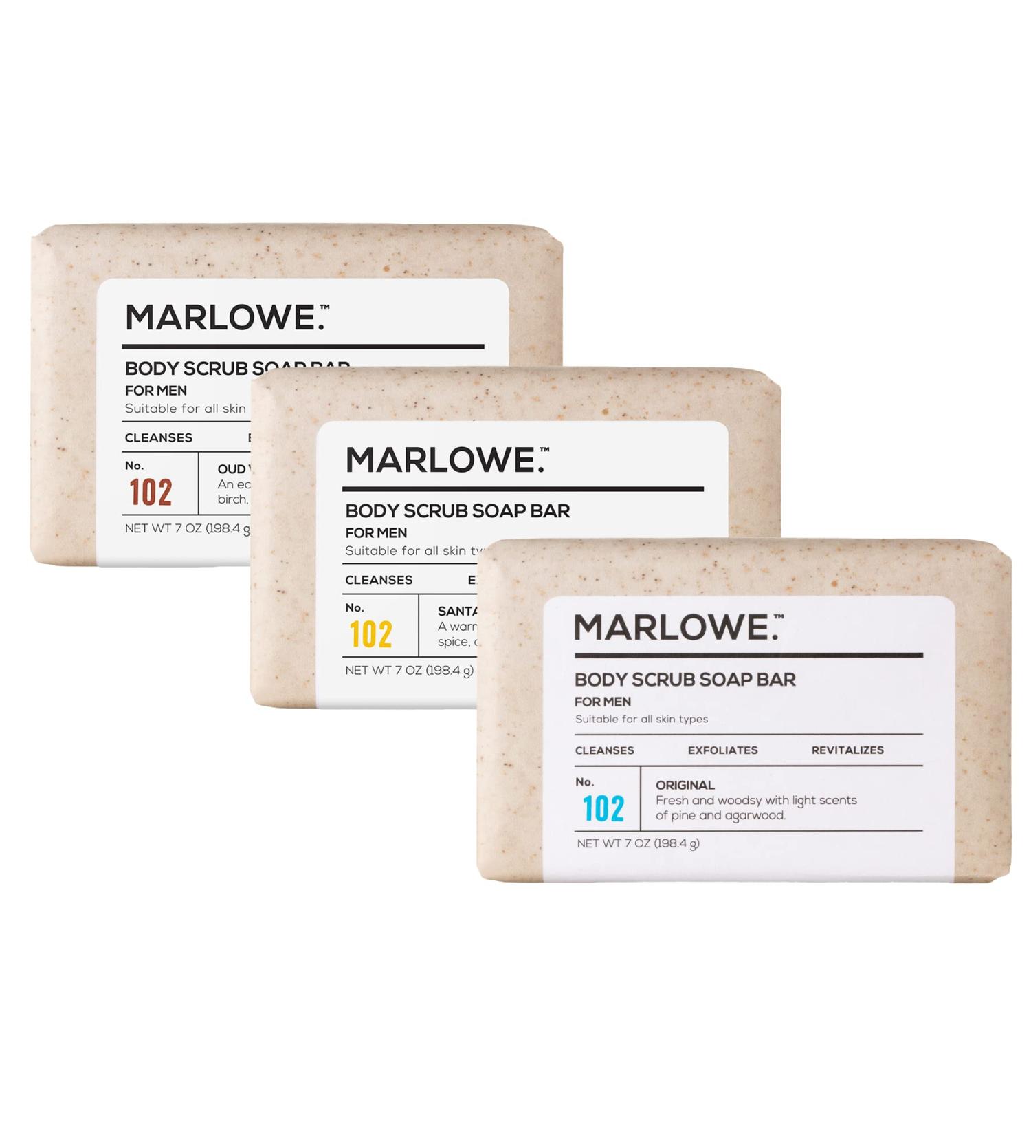 Marlowe No. 102 Men's Body Scrub Soap Trio | Best Exfoliating Bar w Green Tea | 3 Scents: Original, Oud Wood, Warm Santal - Buy Online on SooperMarket.com