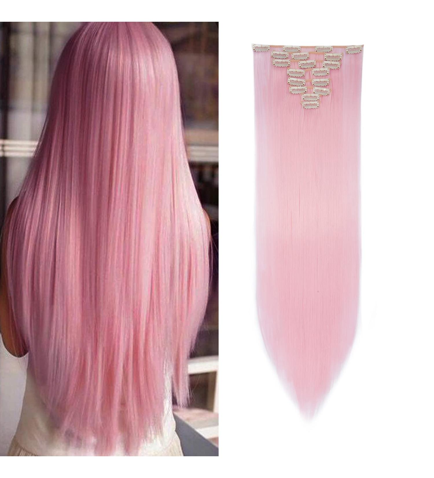 Light Pink 26 Inch Straight Clip in Hair Extensions - 8Pcs Full Head Synthetic Hairpiece with 18 Clips - Buy Online on SooperMarket.com