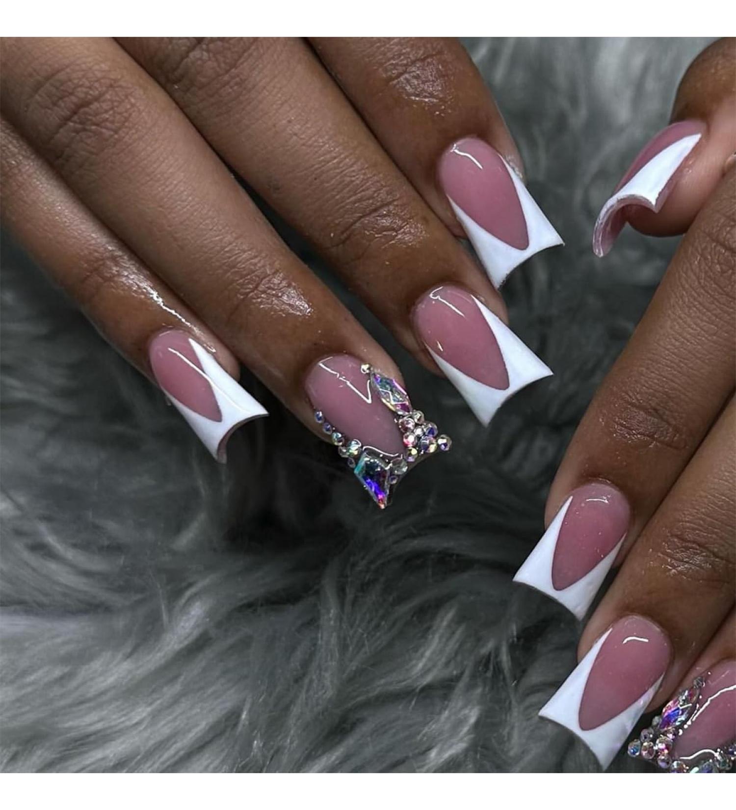 Buy French Tip Press on Nails - Medium Square Glossy Pink & White Duckbill Design - Reusable Rhinestone Fake Nails | Cute Duck Feet Full Cover Acrylics - Buy Online on SooperMarket.com