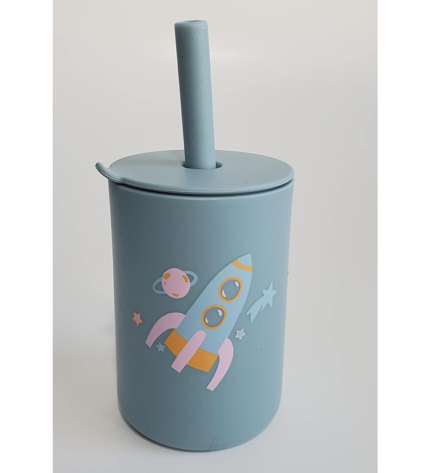 Silicone Toddler Training Sippy Cup with Straw | Non-Slip & Unbreakable | BPA-Free | Dusty Blue Rocket Design - Buy Online on SooperMarket.com