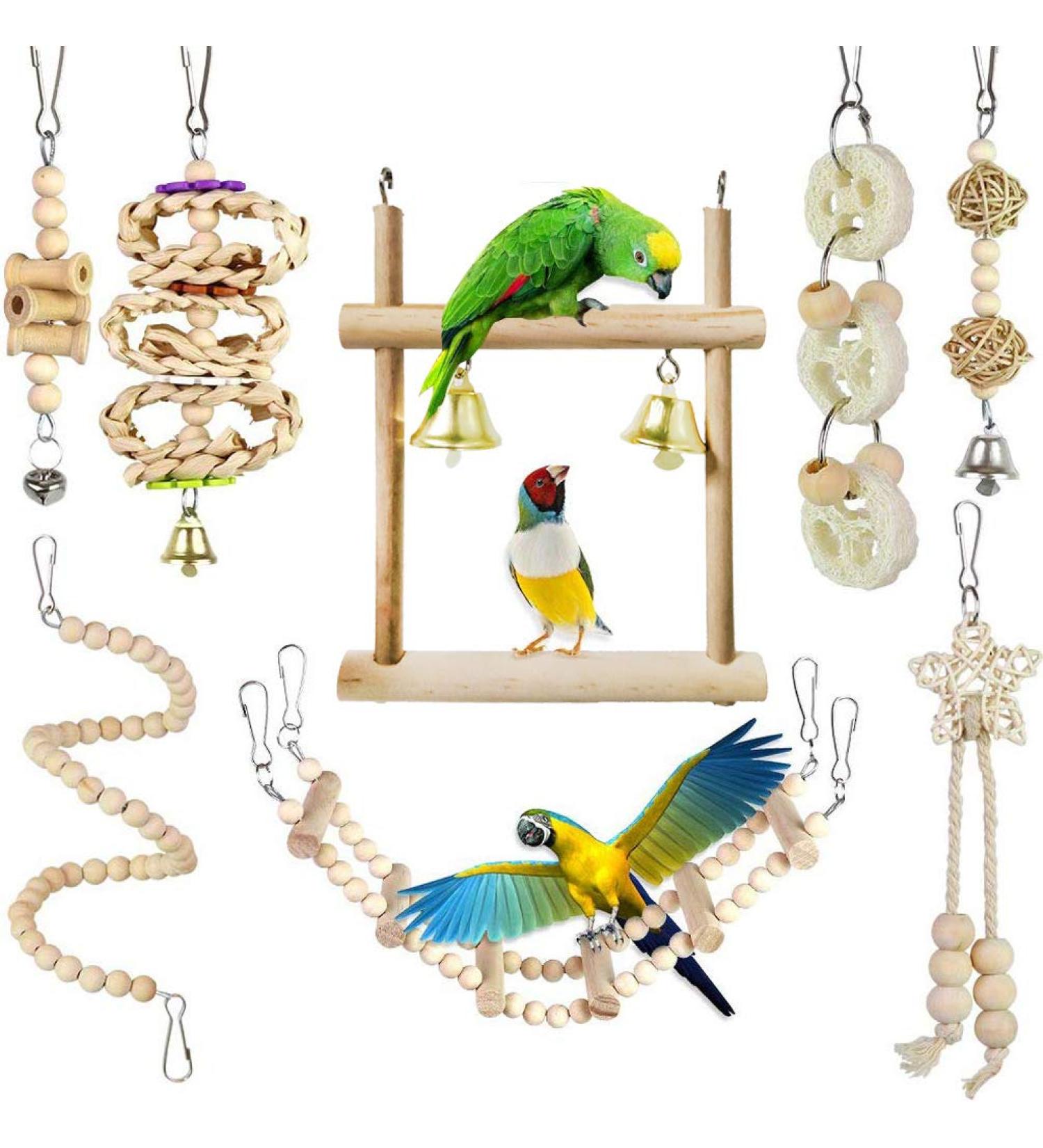 CAMITER 8 Packs Bird Toys Parrots Cage Toys Natural Wood Hanging Swing Shredding Chewing Perches Parrot Toy Parrot Bite Toy for Budgie Parakeet Cockatiel Macaw - Buy Online on SooperMarket.com