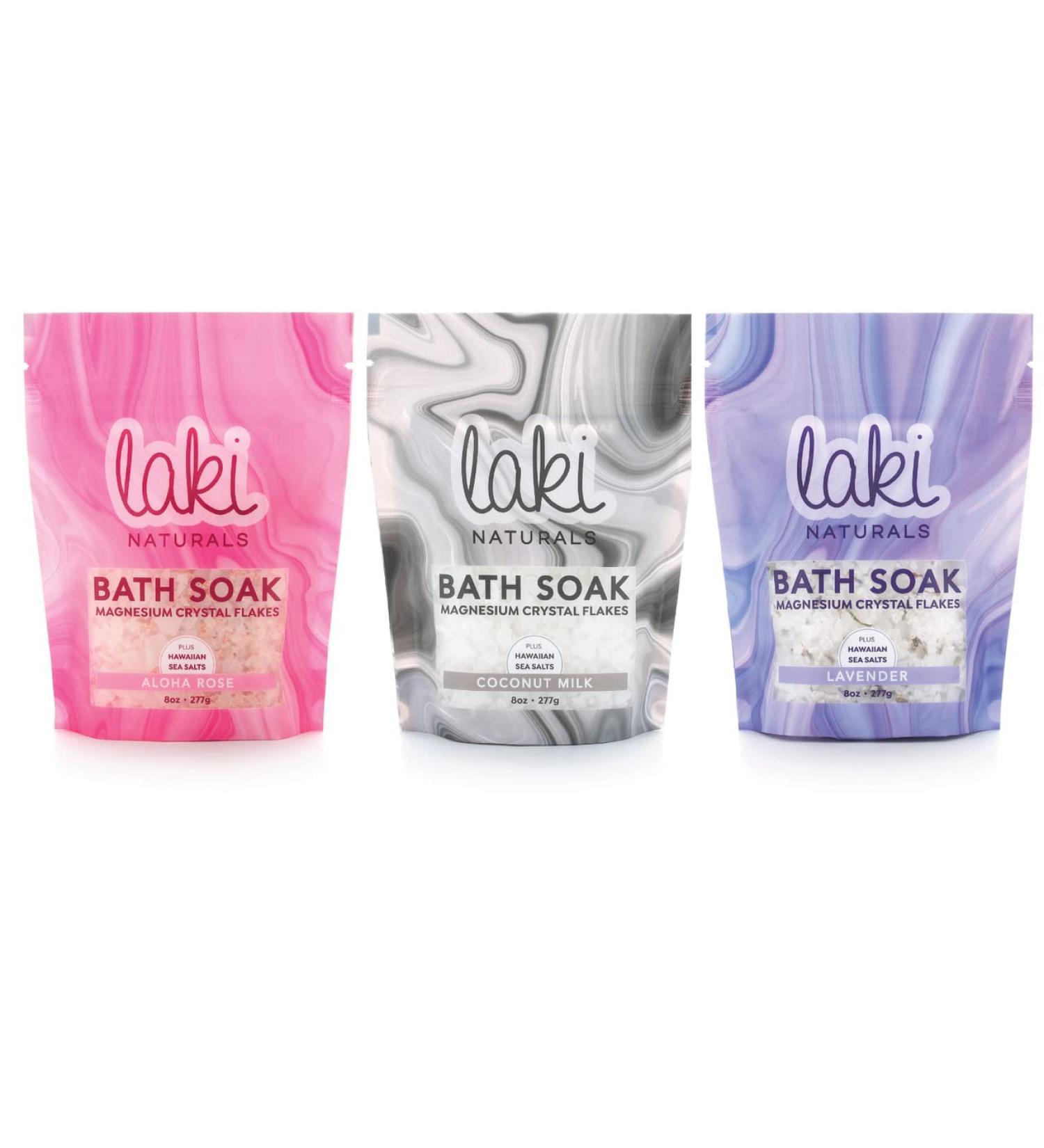 Laki Naturals Bath Soak Bundle - Magnesium Flakes & Hawaiian Sea Salt - Relaxing Therapeutic Bath Salts Set (Rose, Coconut, Lavender 8 oz Each) - Pack of 3 - Buy Online on SooperMarket.com