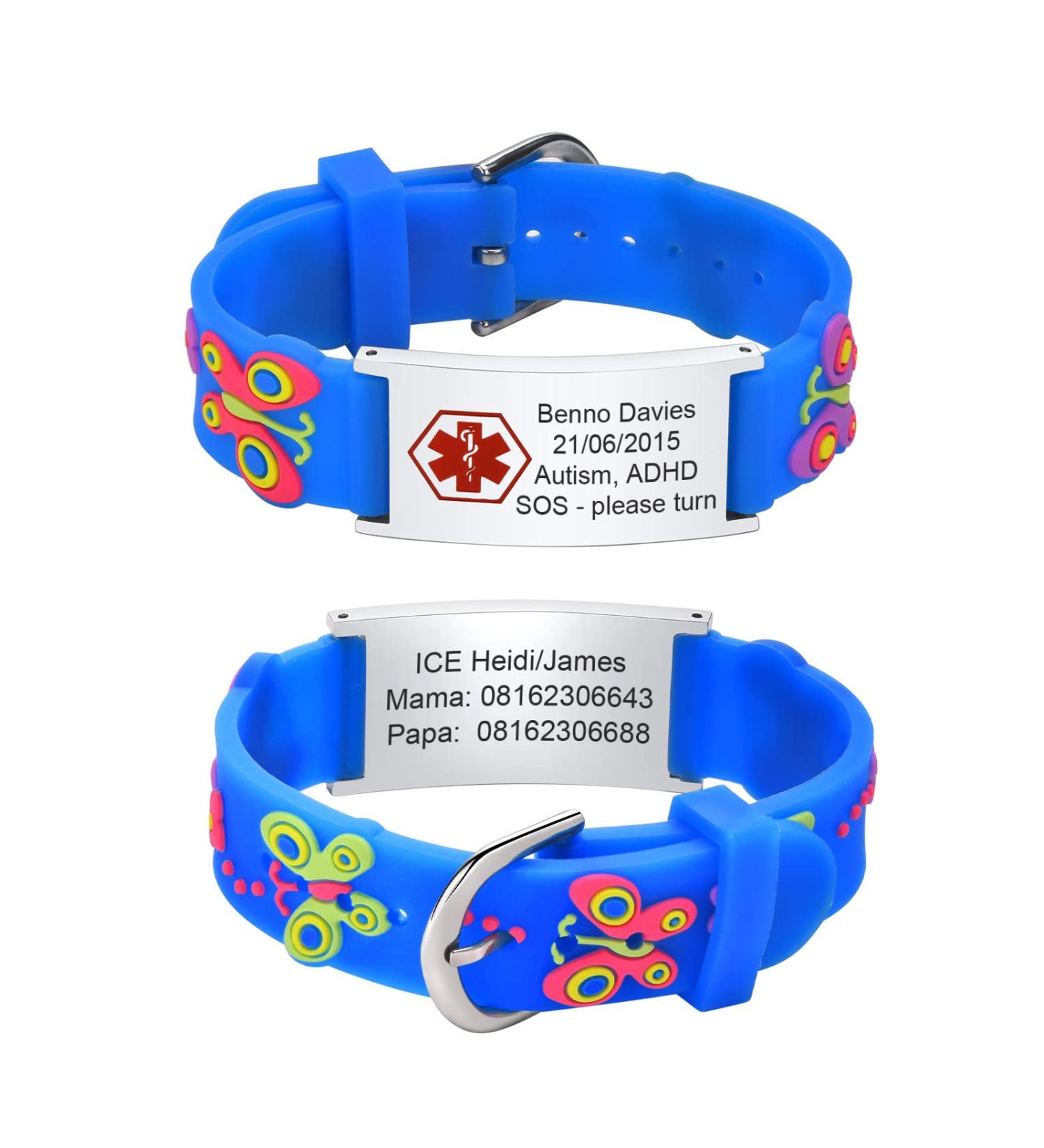 Customized Kids Safety ID Wristband | Personalized Medical Alert Bracelet for Boys & Girls | Outdoor Anti-Lost Bracelet with Cartoon Pattern | Blue Silver Butterfly Design - Buy Online on SooperMarket.com