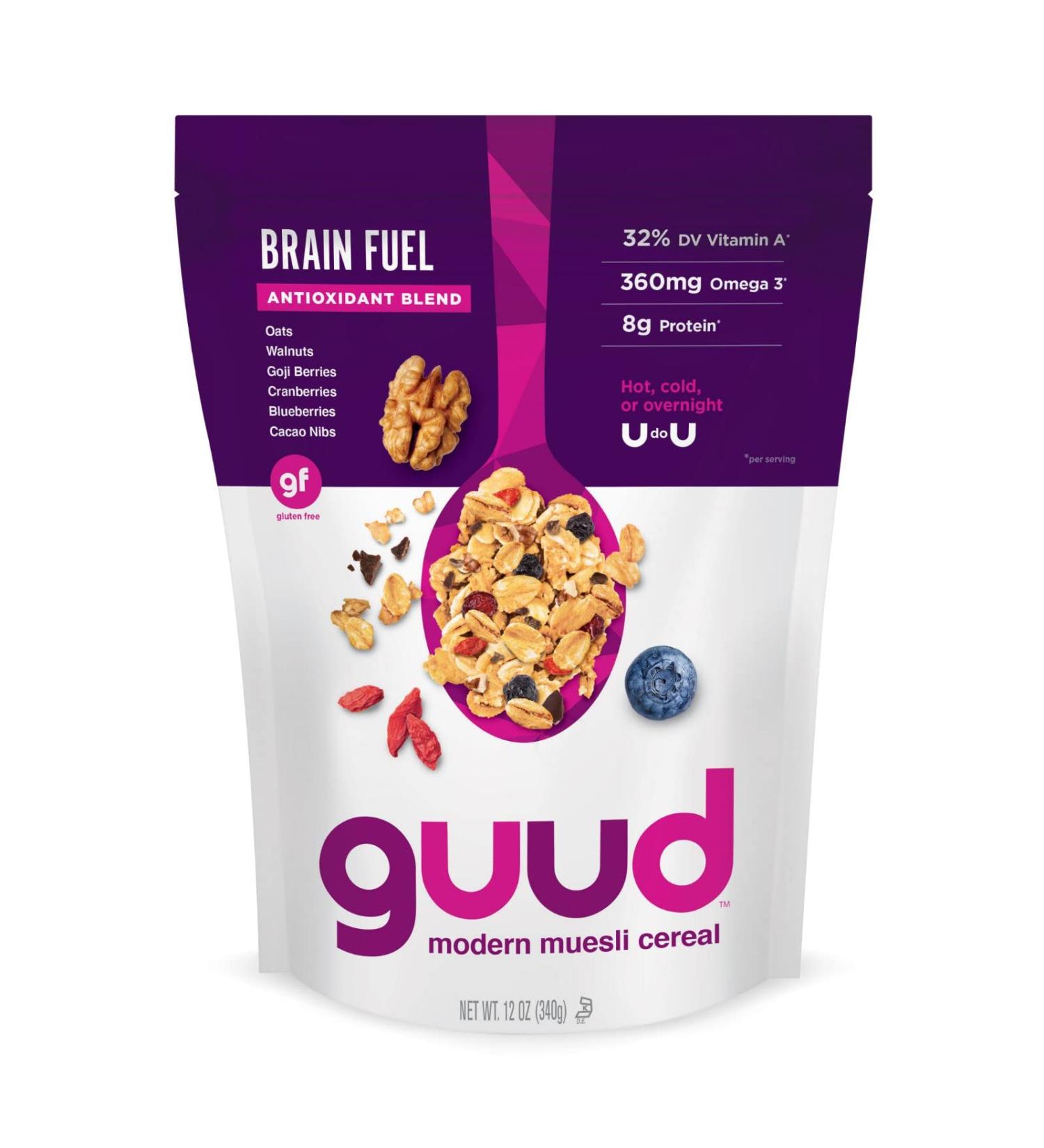 GUUD Brain Fuel Antioxidant Blend Muesli Cereal 12oz - Gluten Free, Vegan, Non-GMO with Oats, Walnuts, Goji Berries, Cranberries, Blueberries, Cacao Nibs - Kosher Certified - 1 Pack - Buy Online on SooperMarket.com