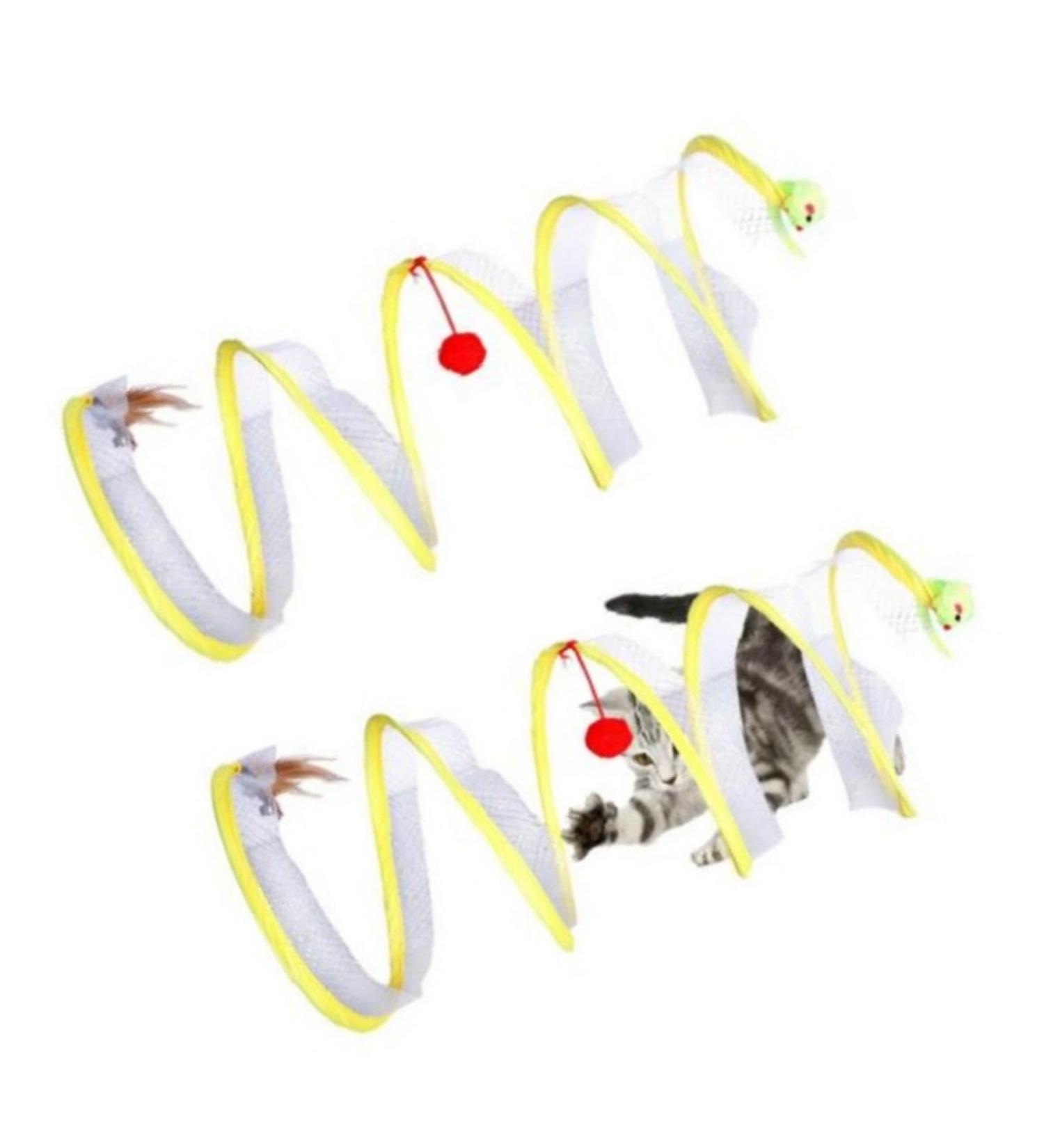 2pcs Cat Coil Toy Set - Foldable 65cm Kitten Play Tunnel with Plush Ball & Feather Stick - Multicolor Spiral Cat Toy Tunnel - Buy Online on SooperMarket.com