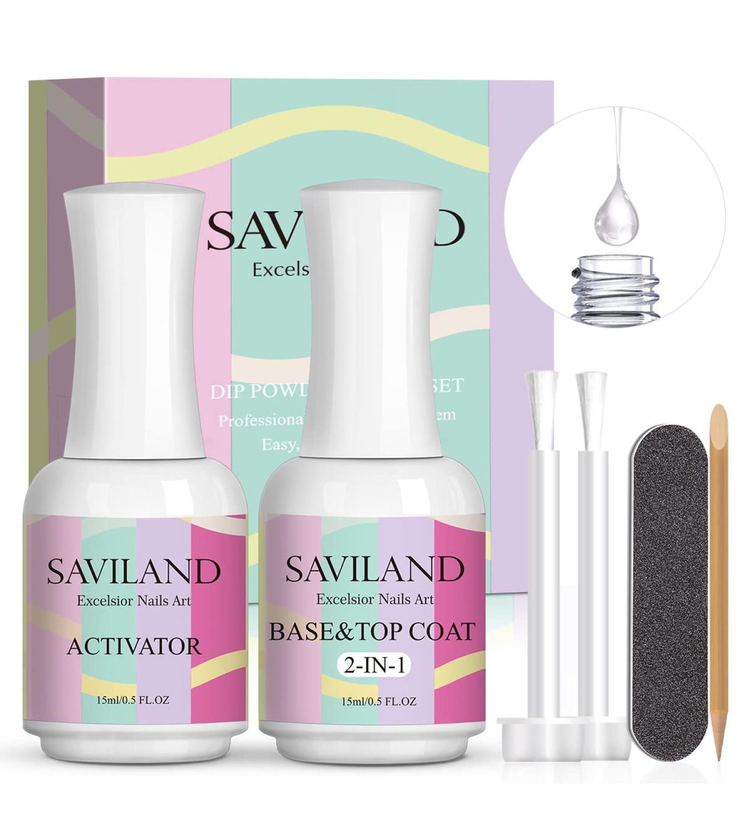 SAVILAND Dipping Powder Liquid Set - 2 in 1 Base & Top Coat with Activator 15ml - Fast Dry Dip Nail Kit | No Lamp Needed - Buy Online on SooperMarket.com