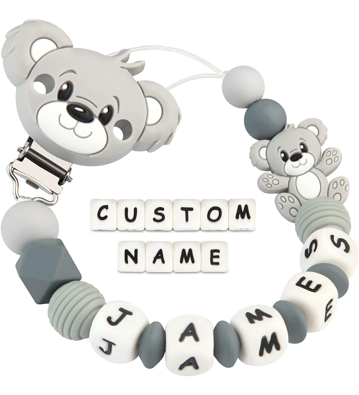Kowlone pacifier chain with name boys girls personalized teddy bear pacifier clips holder (gray) A: Teddy Bear Gray