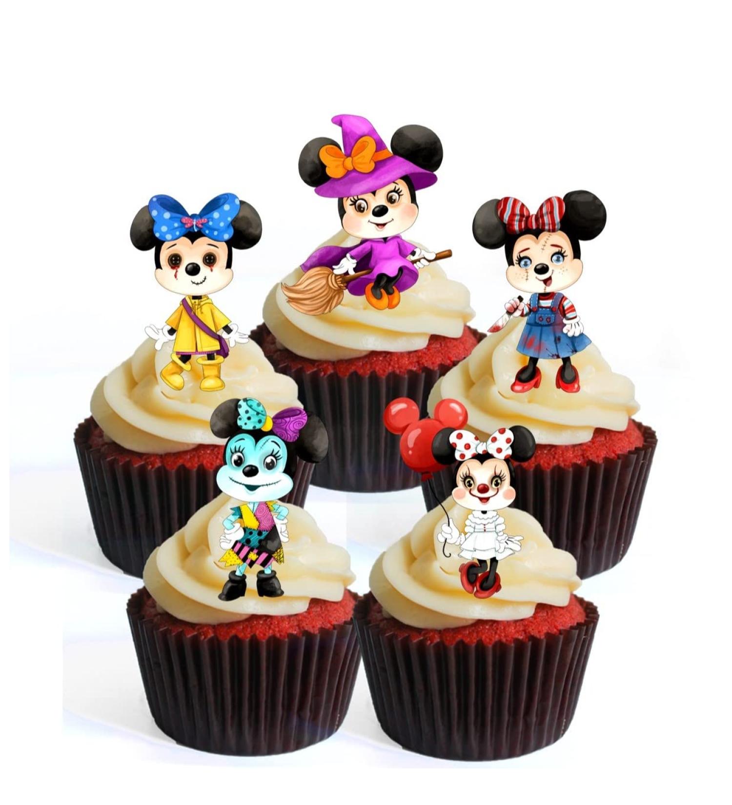 Halloween Horror Mouse Cupcake Toppers Minnie Theme (PRECUT Optional) Edible Cupcake Toppers - Stand Up/Lie Flat Wafer Cake Decorations (UNCUT Pack of 24)