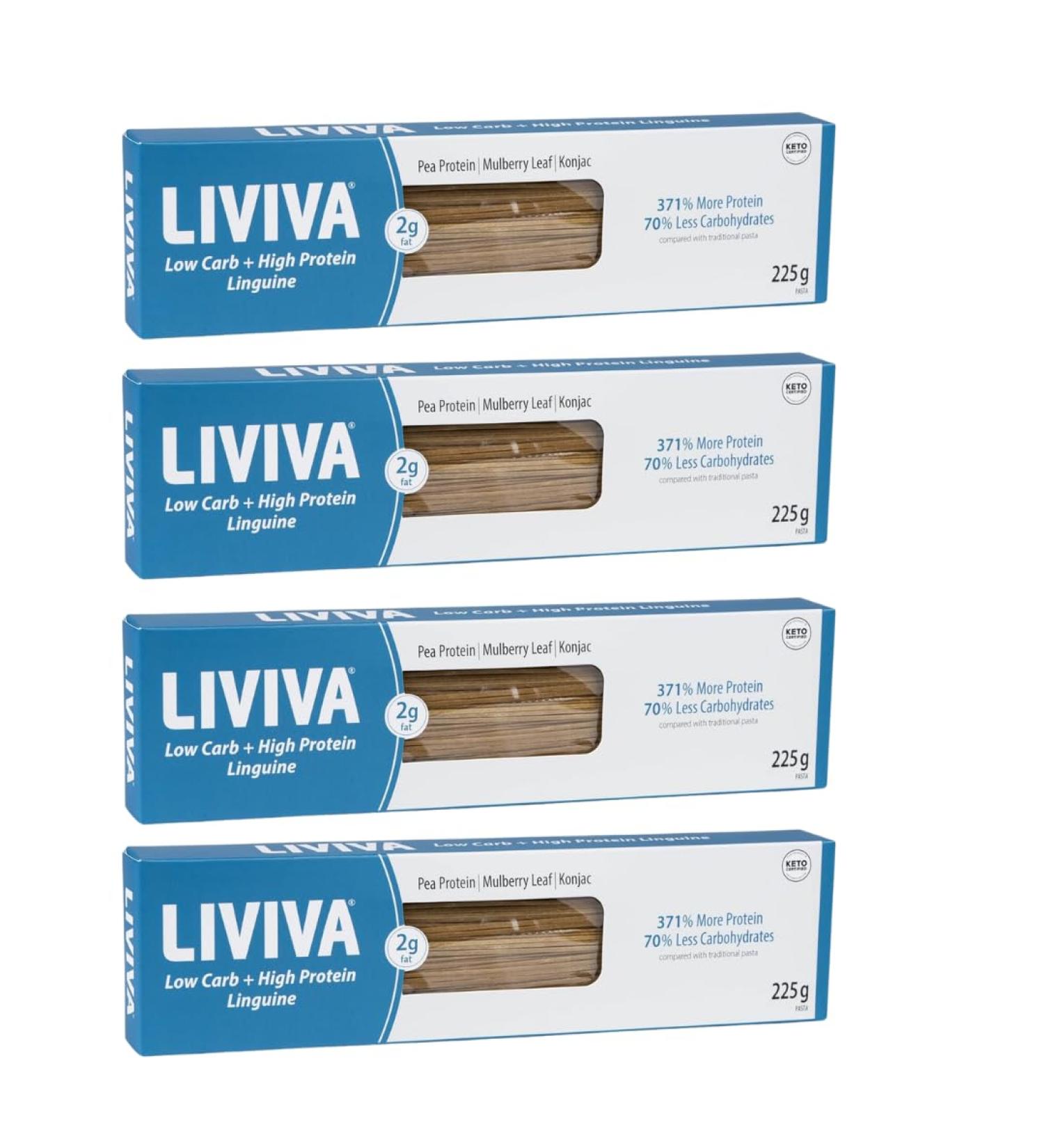 LIVIVA Low Carb High Protein KETO Linguine Pasta - 27g of Protein 8g Net Carbs Diabetic-Friendly - Made with Pea Protein Mulberry Leaf and Konjac (Pack of 4) Pack of 4 - Linguine 225g (Pack of 4) - Buy Online on SooperMarket.com