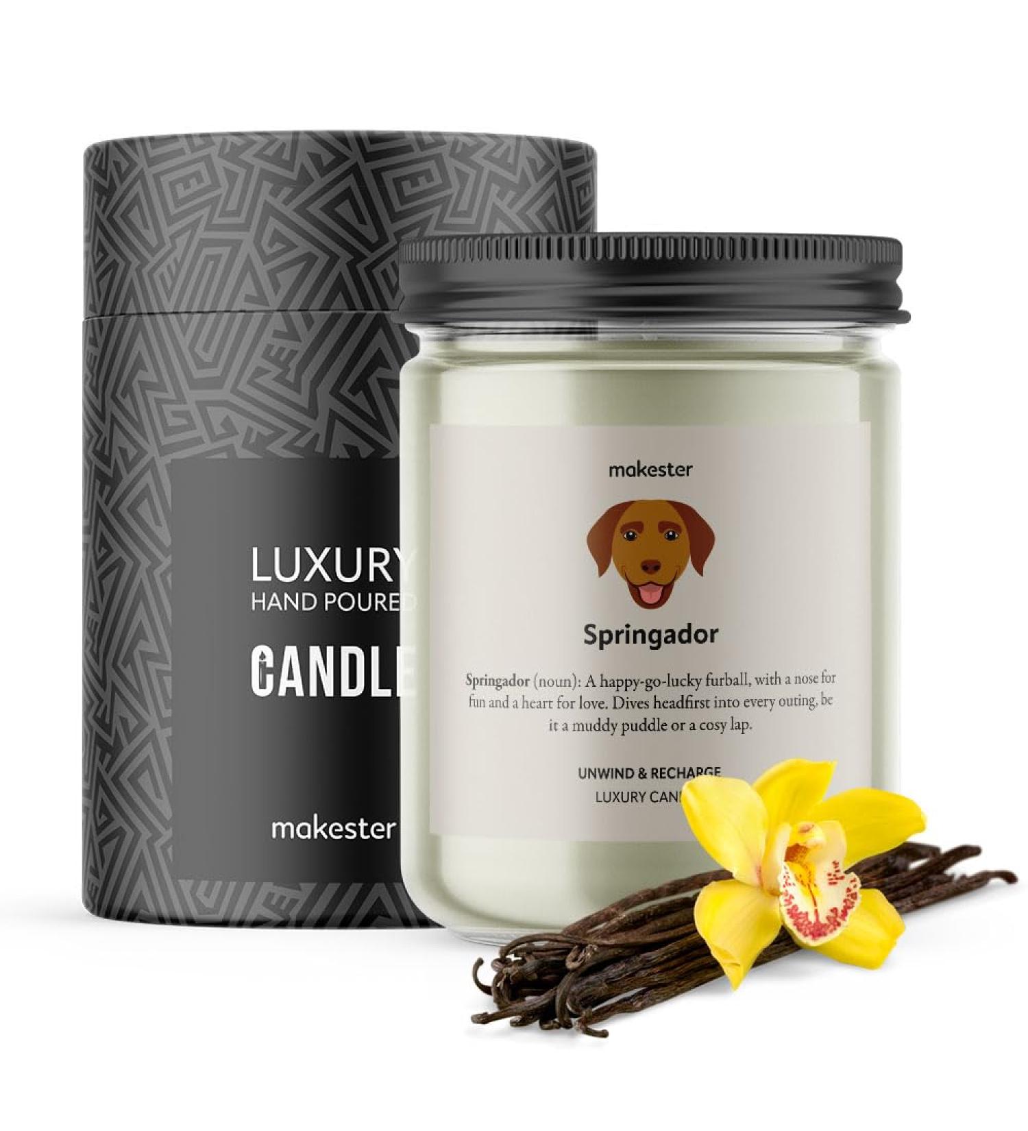Springador Candle - 220g Soy Wax with Vanilla Jasmine & Almond - Dog Gift by Makester - Buy Online on SooperMarket.com