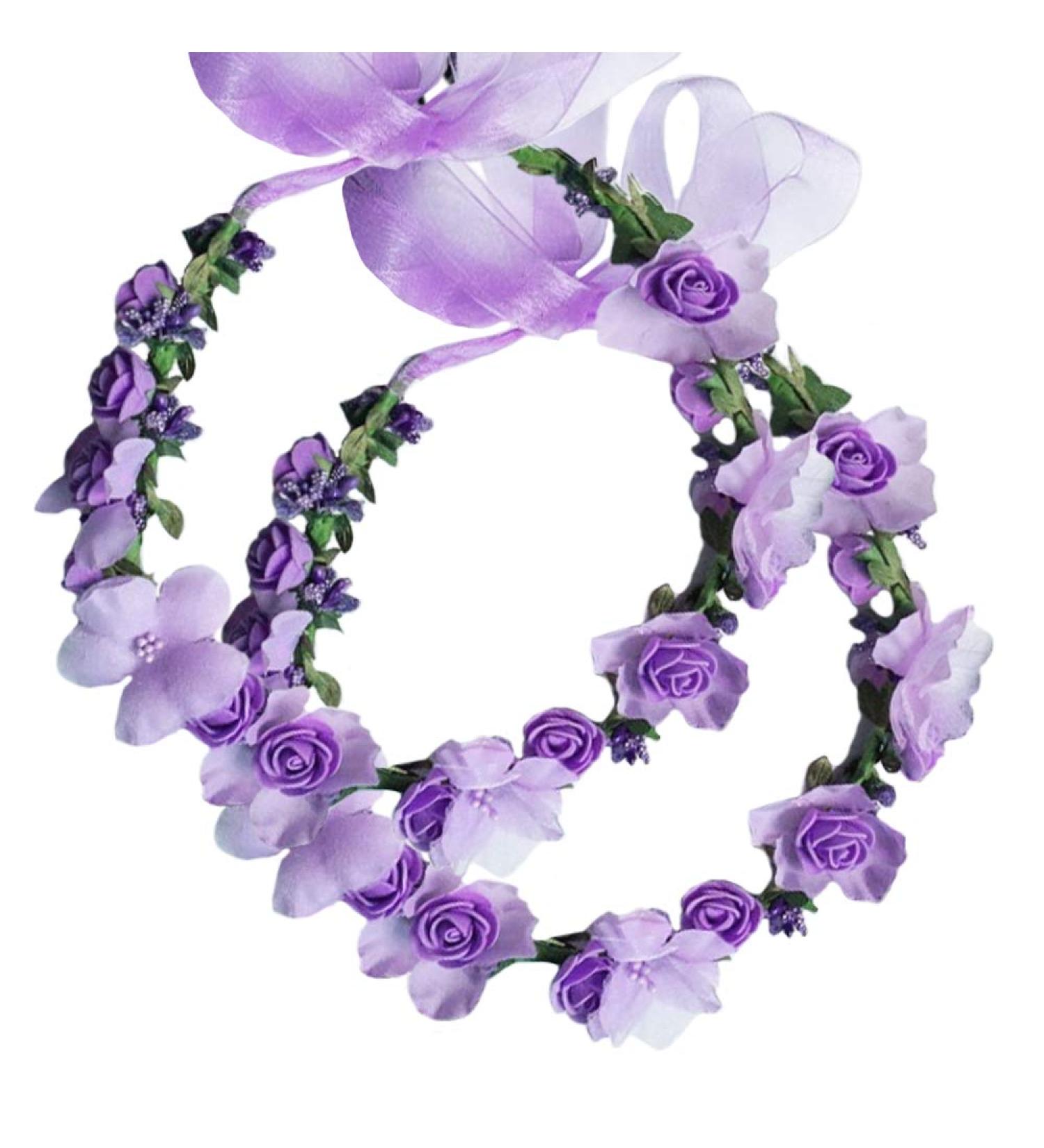 Flower Crown Headband Wreath Garland Hair Bands 2 Pack - Purple Tone | Wedding Bridal Hair Hoop Women Leaf Ribbon Party Decoration Christmas Handmade Headpiece Hair Accessories - Buy Online on SooperMarket.com