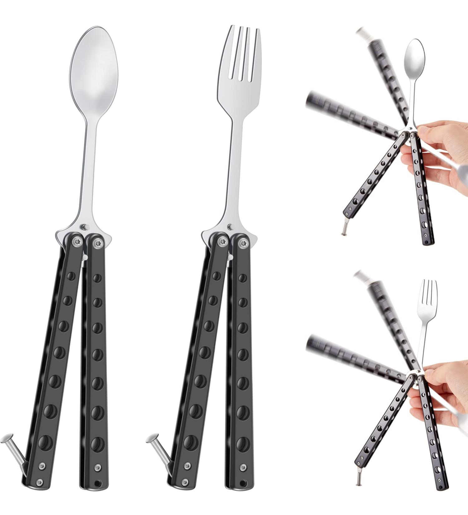 2 Pcs Tactical Stainless Steel Butterfly Fork and Spoon Set - Perfect for Travel, Camping, Hunting, BBQ - Black Color - Buy Online on SooperMarket.com
