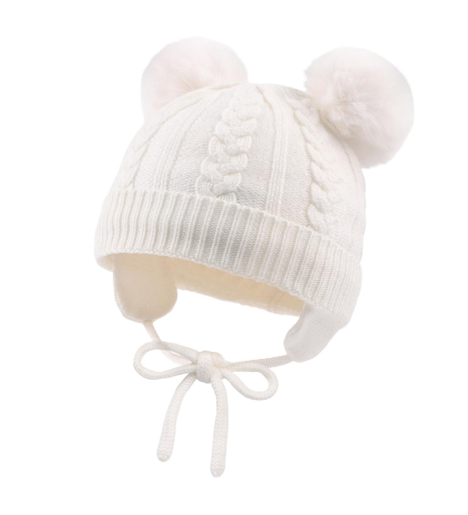 Flower Baby Girls Pompom Beanie 2-4 Years White | Soft Knitted Toddler Hat for Fall/Winter - Buy Online on SooperMarket.com