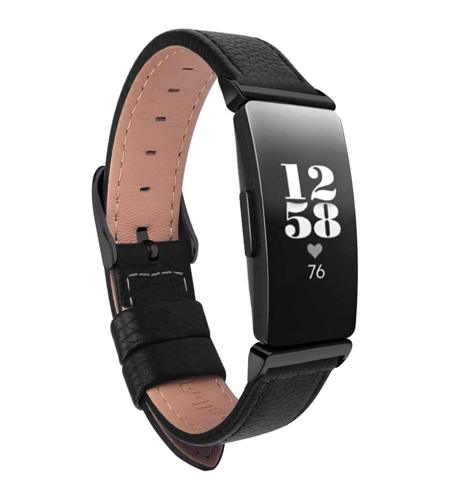 Leather Wrist Band Compatible with Inspire HR/Inspire/Inspire 2 - Black Strap for Men and Women - Buy Online on SooperMarket.com