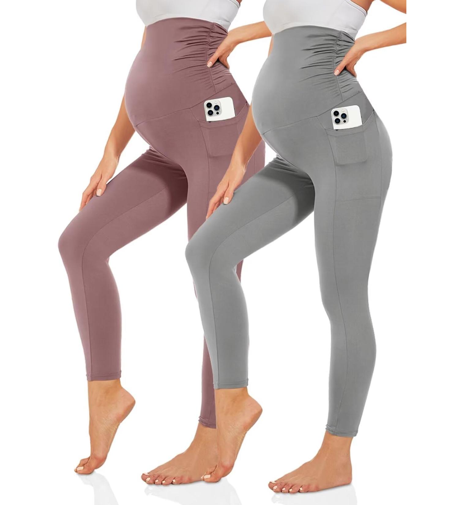TNNZEET Maternity Leggings for Women | Opaque Pregnancy Leggings with Pockets for Yoga | Skin Color/Light Gray - Buy Online on SooperMarket.com