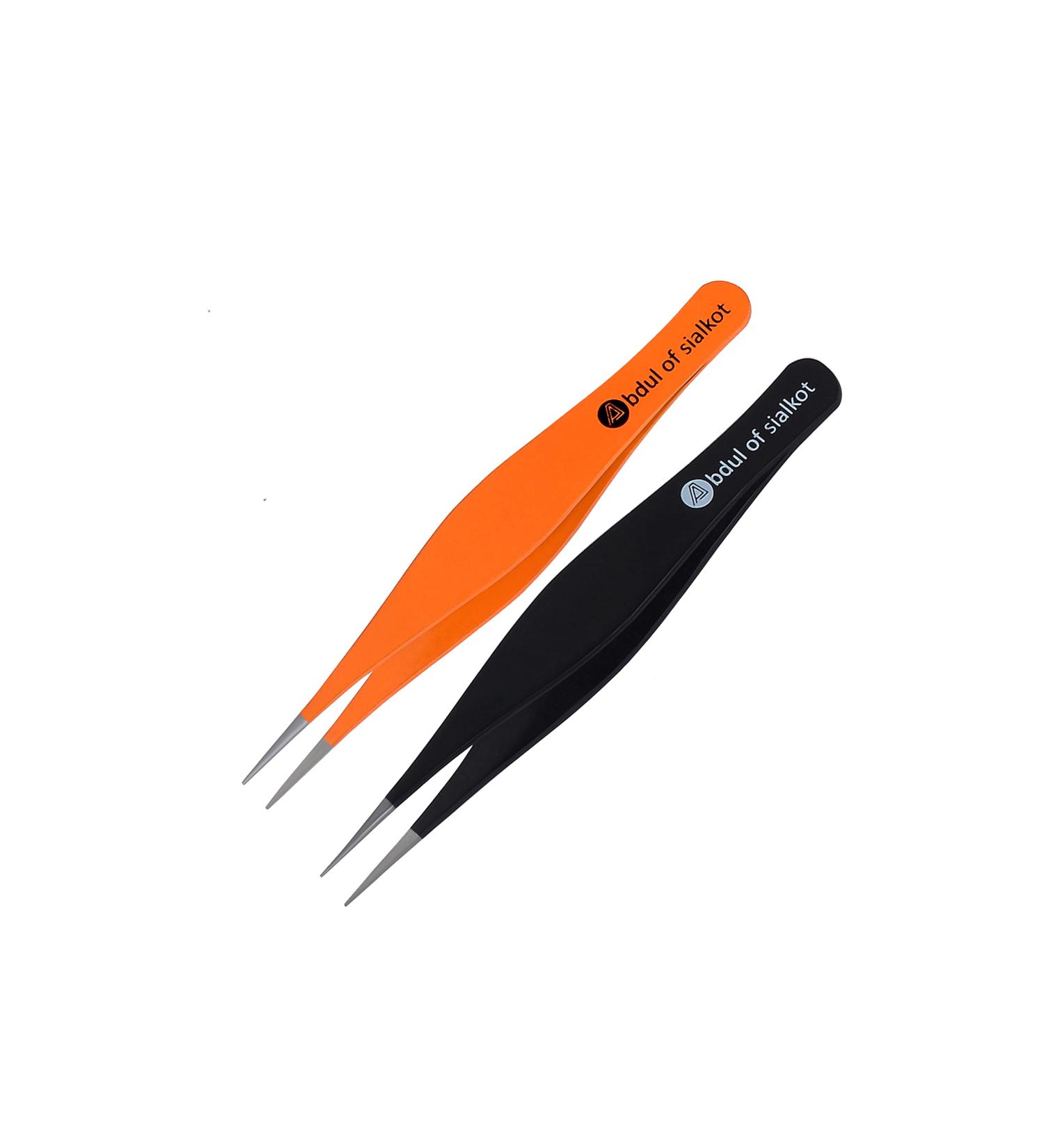 Abdul of Sialkot Tweezers for Women & Men -Professional Stainless Steel Pointed Tweezers for Ingrown Hair Splinters and Blackhead Removal Set of 2 (Black&Orange)