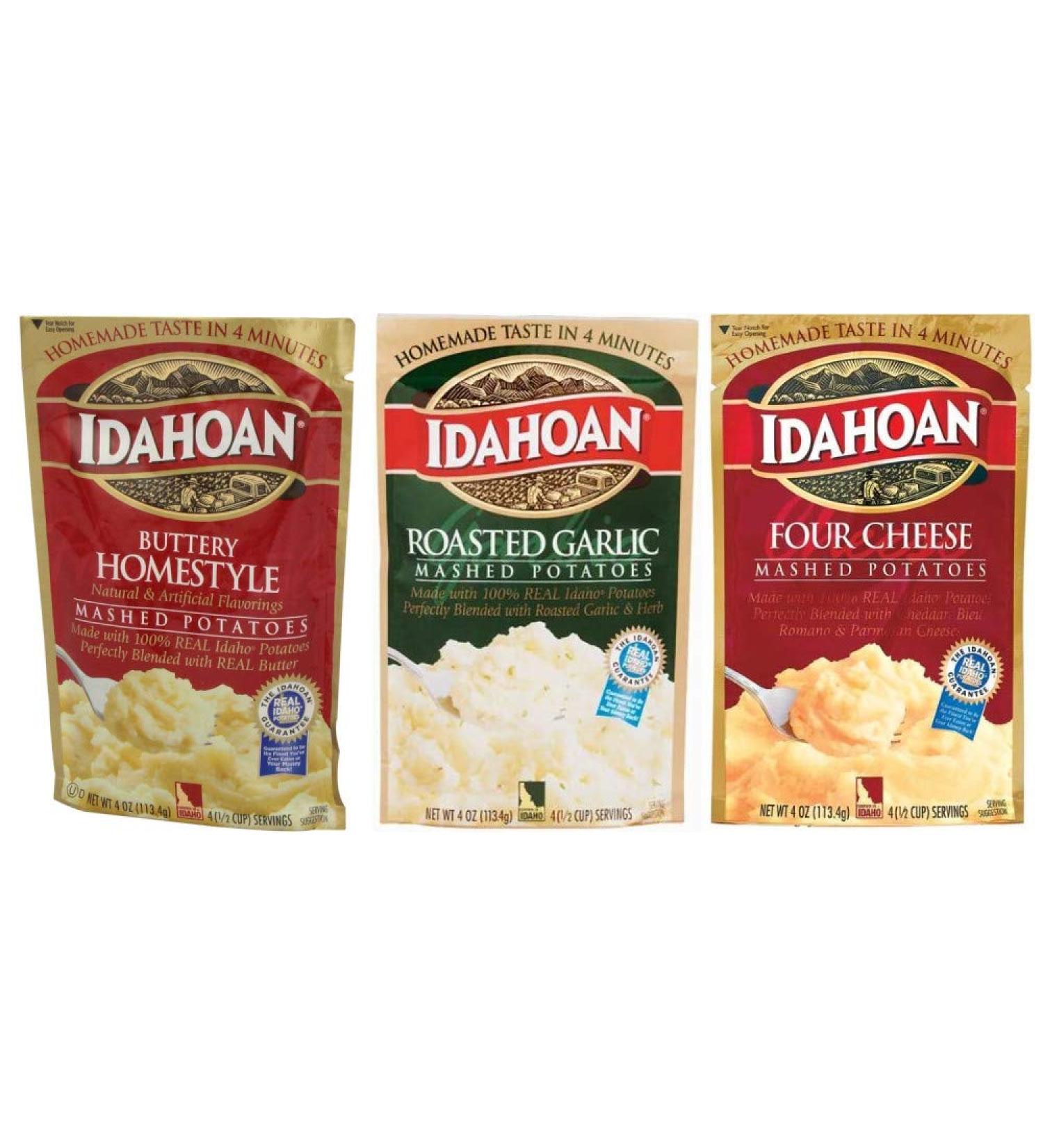 Idahoan Mashed Potatoes Variety Bundle - Buttery Homestyle, Four Cheese, Roasted Garlic (4 oz x 3 Pack) - Buy Online on SooperMarket.com