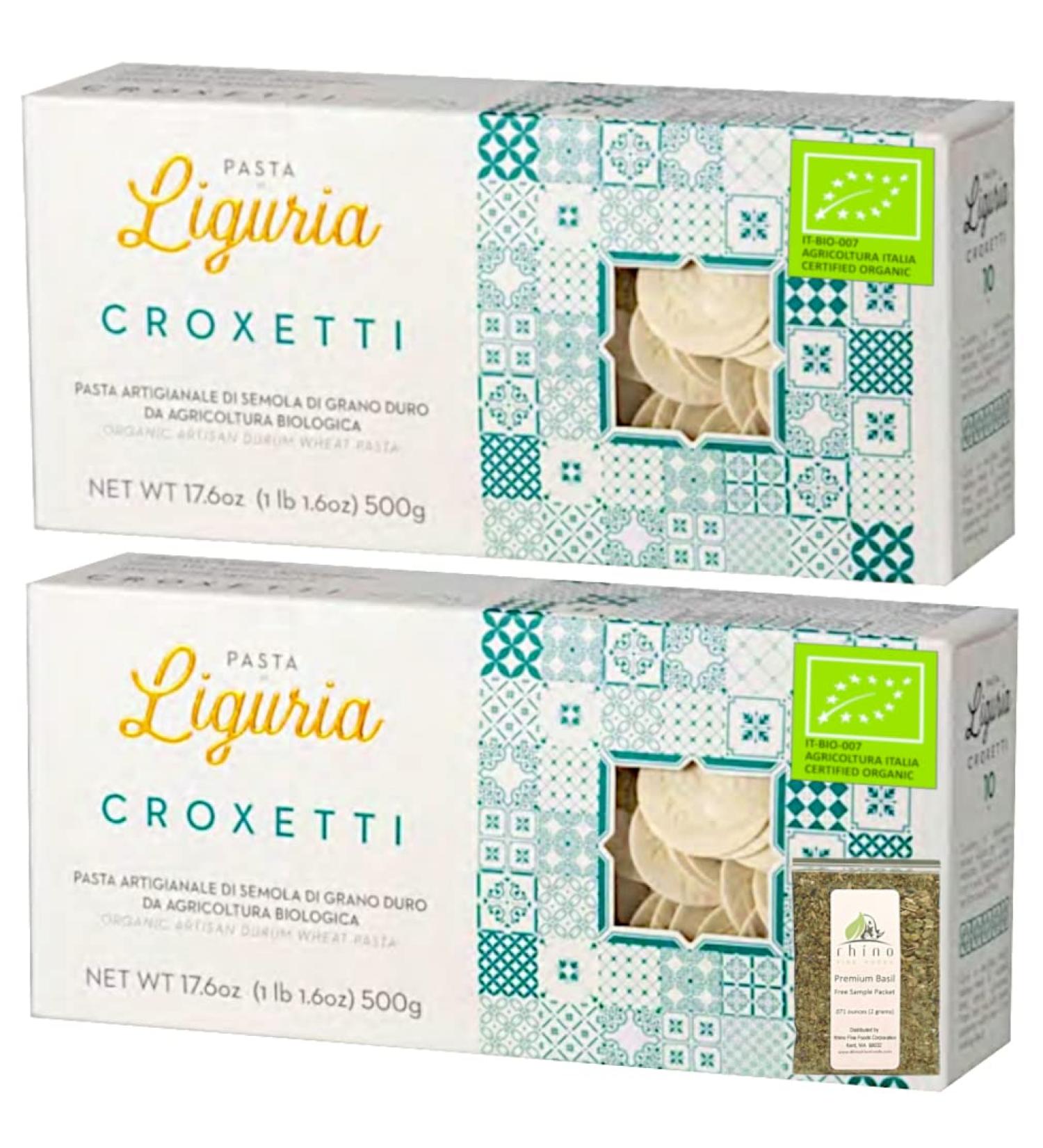 Certified Organic Ligurian Croxetti Coin Pasta from Montoggio, Italy - 17.64 oz (Pack of 2) with Free Premium Rhino Basil Leaves - Buy Online on SooperMarket.com