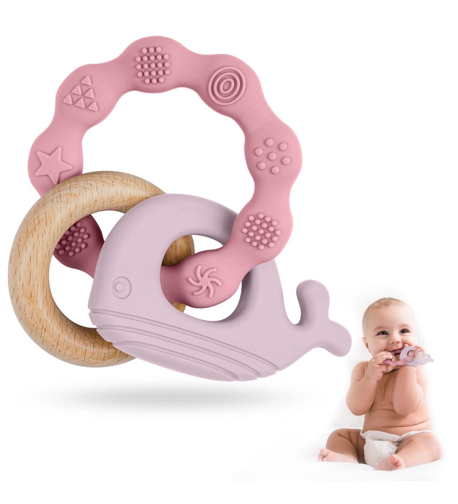 Vicloon Baby Teething Toy - Silicone & Wood Teether Chew Toy for Boys & Girls (Pink-Purple) | Easy to Hold & Clean Up - Buy Online on SooperMarket.com
