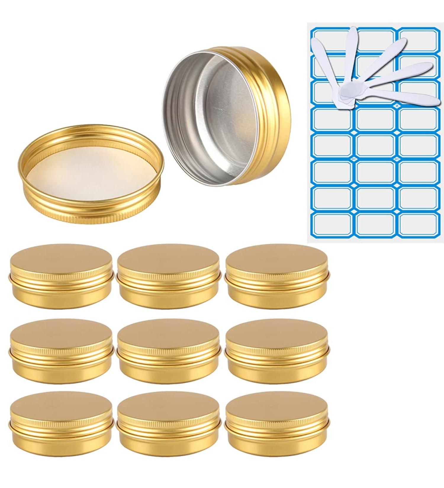 Zeoabsy Set of 10 Gold Aluminum Empty Jars - 60ml Cosmetic Cream Tins with Screw Lid & Spatulas - Perfect for Ointments Candles and More - Buy Online on SooperMarket.com