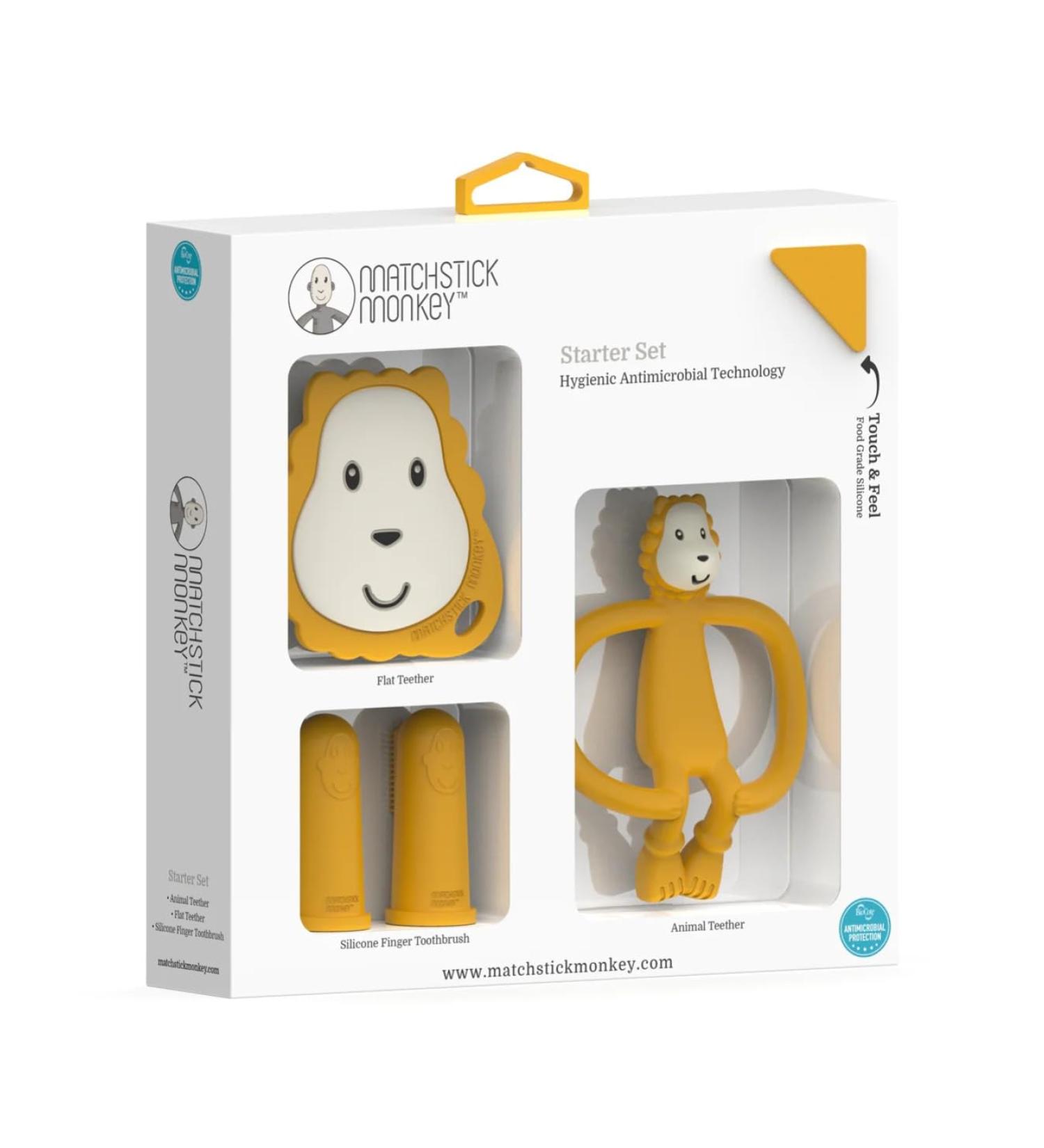 Matchstick Monkey Antimicrobial Teething Starter Set - Flat Face & Animal Teethers, Silicone Finger Toothbrushes - Ludo Lion Design, 3 Months - Buy Online on SooperMarket.com