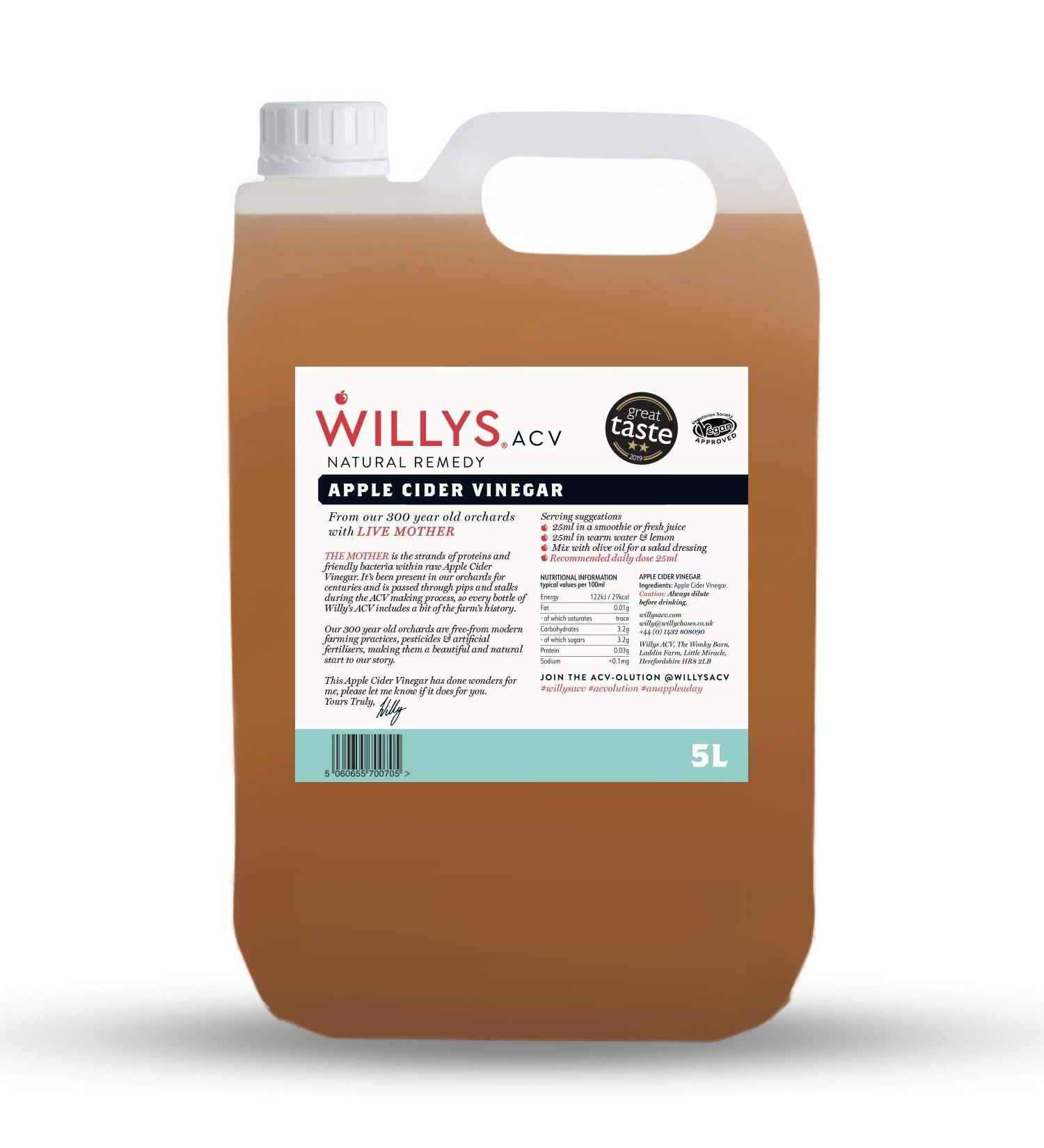 Organic WILLY'S Apple Cider Vinegar with Mother - 5L Jerry Can - Probiotics for Detox & Gut Health - Sustainable ACV - 5 l (1 Pack) - Buy Online on SooperMarket.com