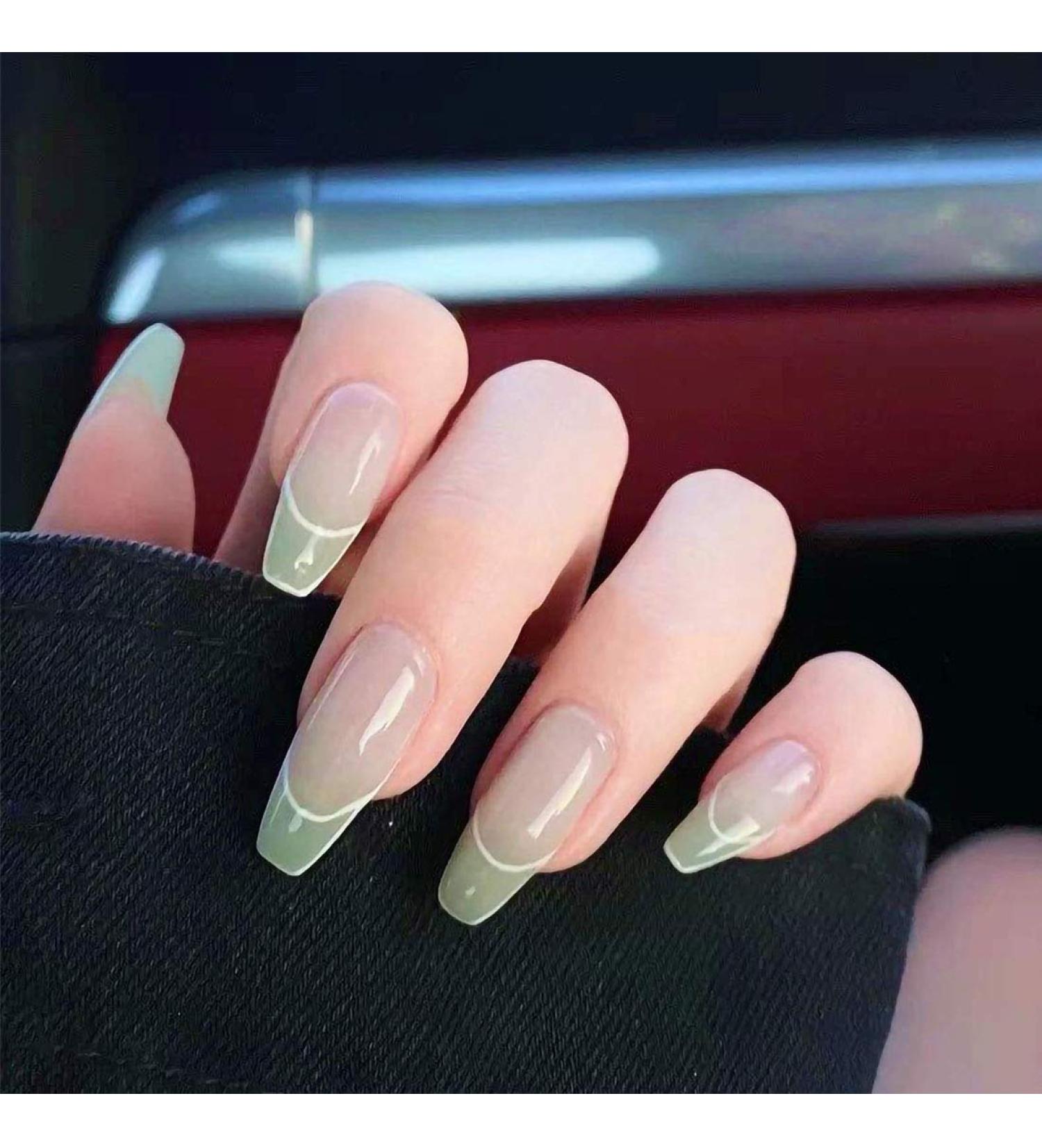 24PC Glossy Gradient Green Coffin Press-On Nails - Medium French Tip Design for Women & Girls - Buy Online on SooperMarket.com