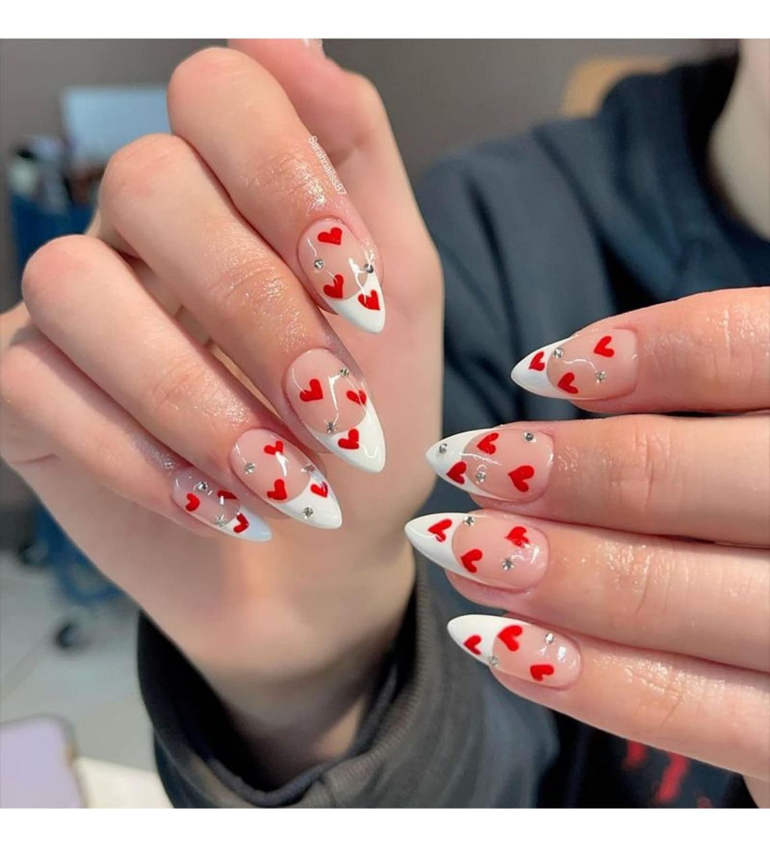 JUSTOTRY 24 Pcs Short False Nails Stiletto with Red Heart White French Press on Nails Pattern Fake Nails Short with Nail Glue Almond Medium Stick on Nails for Women Nails Fake Nail for Nails Art white&heart 2 - Buy Online on SooperMarket.com