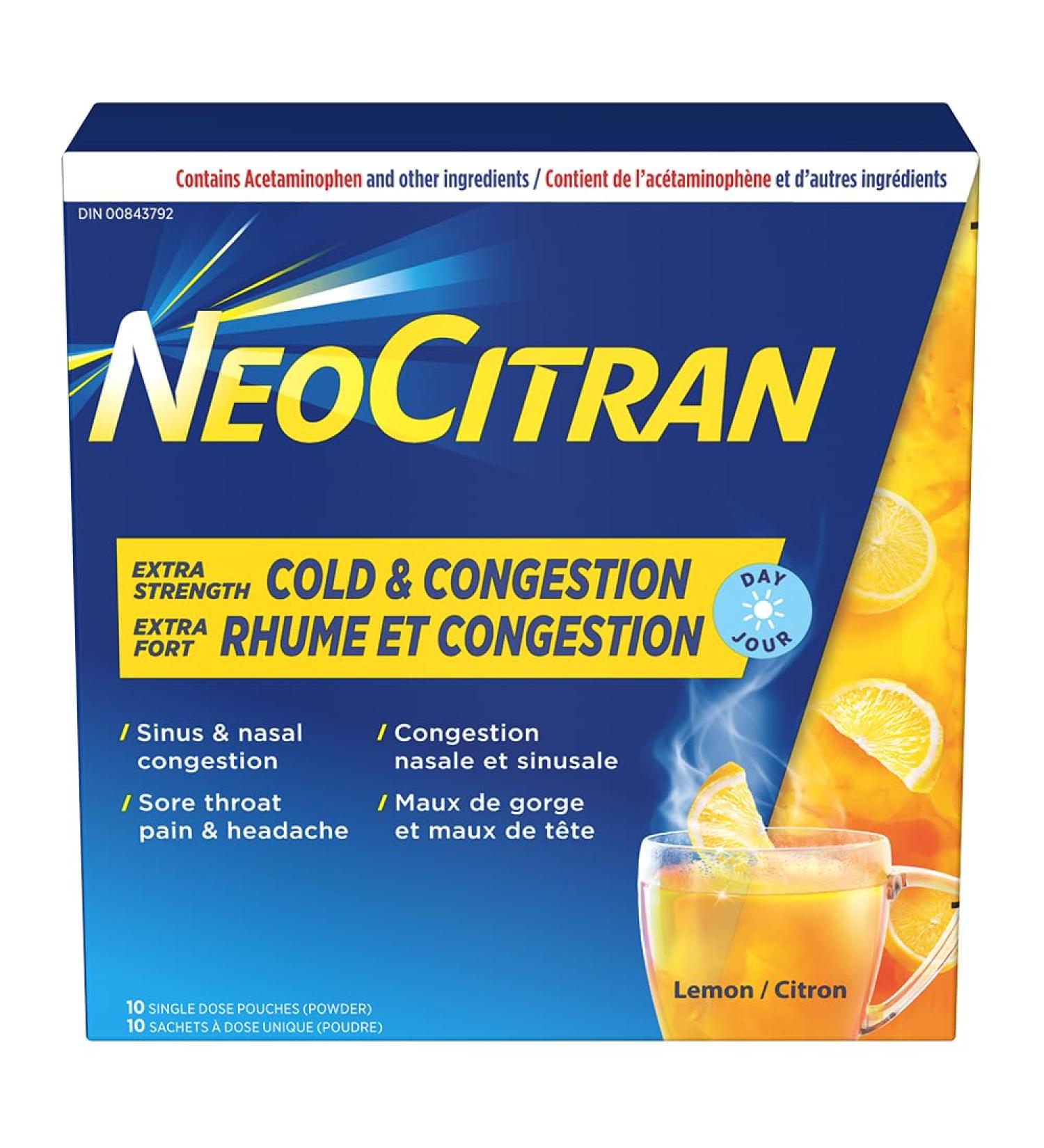 NeoCitran Extra Strength Cold and Congestion for Non-Drowsy Relief Lemon 10 Count - Buy Online on SooperMarket.com