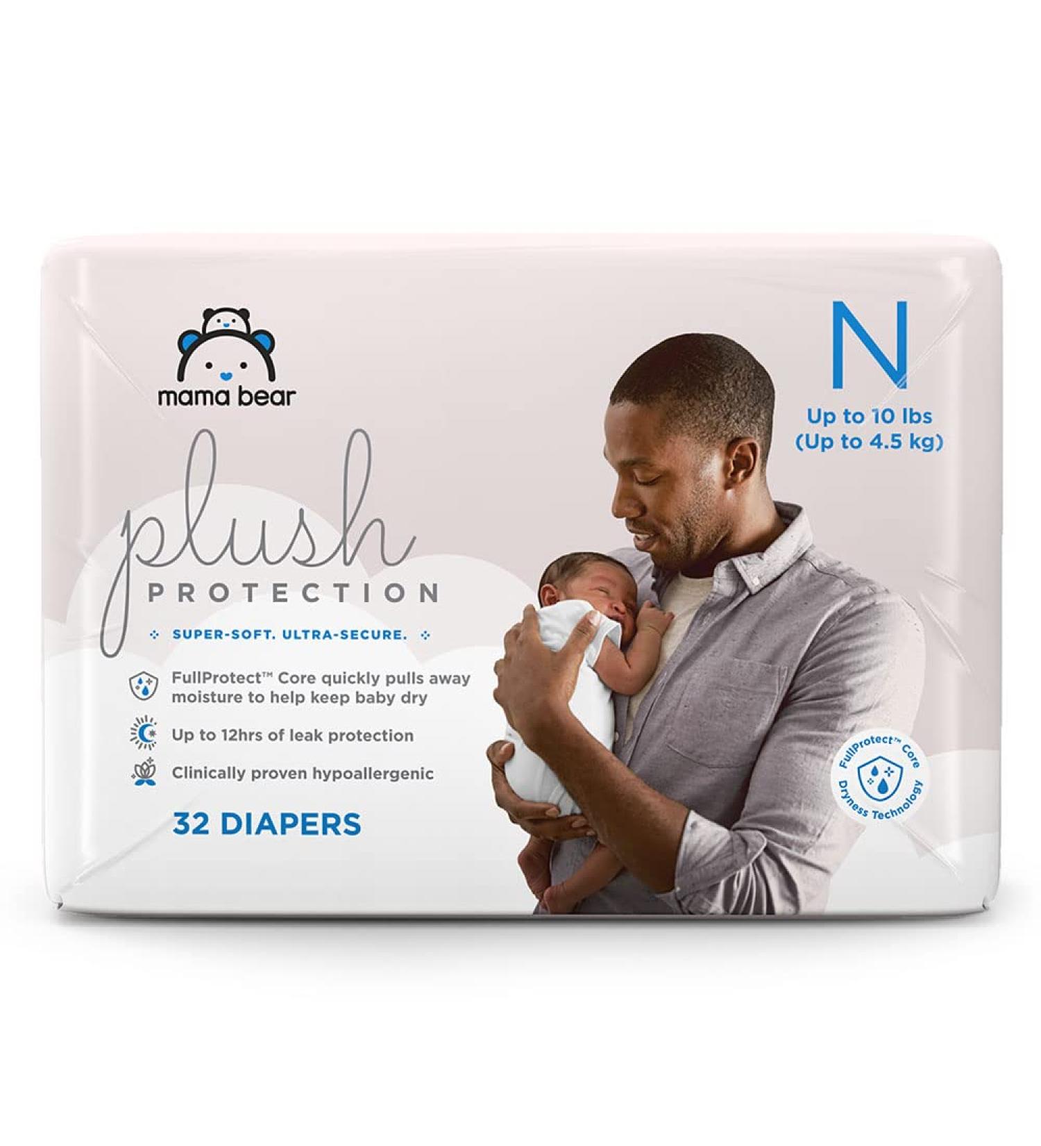 Amazon Brand - Mama Bear Plush Protection Newborn Diapers  Ultra-soft  Hypoallergenic  Dermatologist Tested  For Babies Weighing Up to 10 Pounds  Assorted Print  32 Count Size 0 (32 Count) 1 Pack - Buy Online on SooperMarket.com
